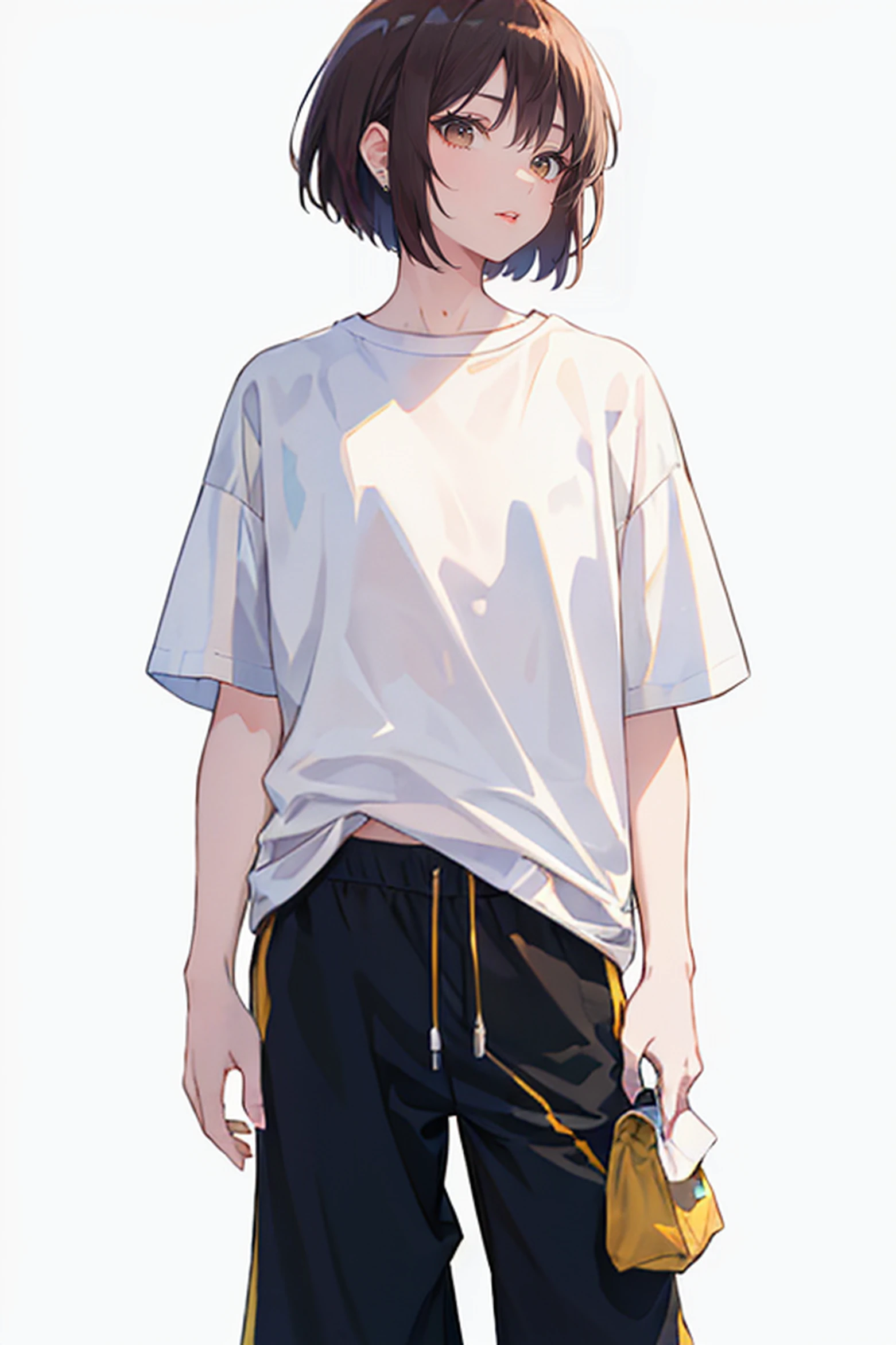 HDR, masterpiece,vintage,RTX,(masterpiece, best quality:1.2),ads modeling, Bangs,profile shot, solo, 1girl, (oversize clothing,baggy, white plain t-shirt, longline tee:1.2), jogger pants,white seamless background, symetric:1.2,frontal shot:1.2,look at viewer,model,