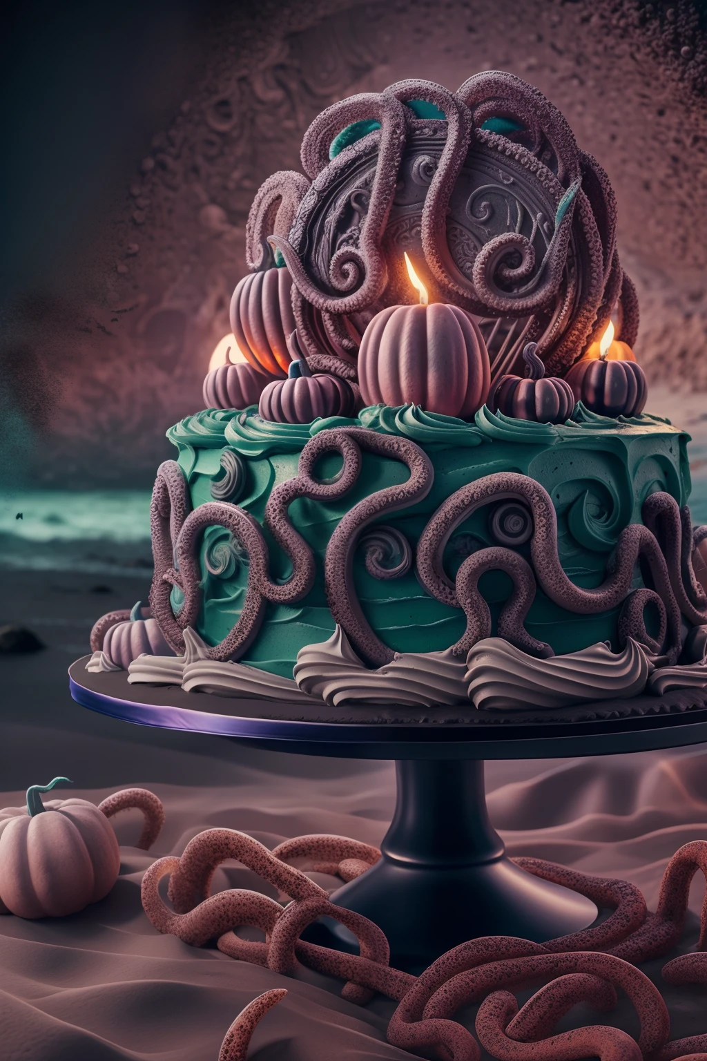 Photo of (creepy) cake on a (spooky) beach, moon, style of hp Lovecraft, tentacles, elaborate intricate detailed high quality highres dramatic lighting 8k high saturation