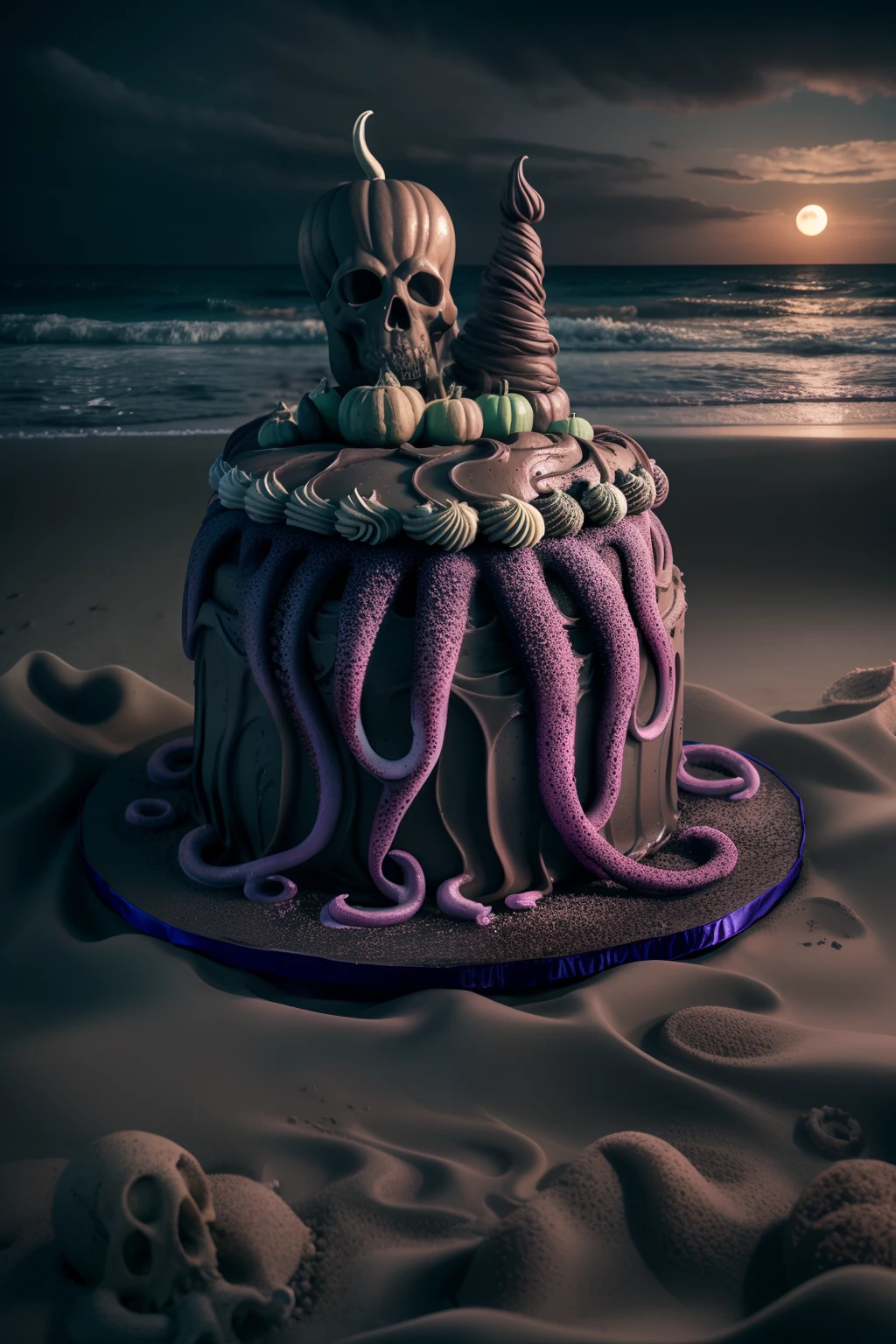 Photo of (creepy) cake on a (spooky) beach, moon, style of hp Lovecraft, tentacles, elaborate intricate detailed high quality highres dramatic lighting 8k high saturation