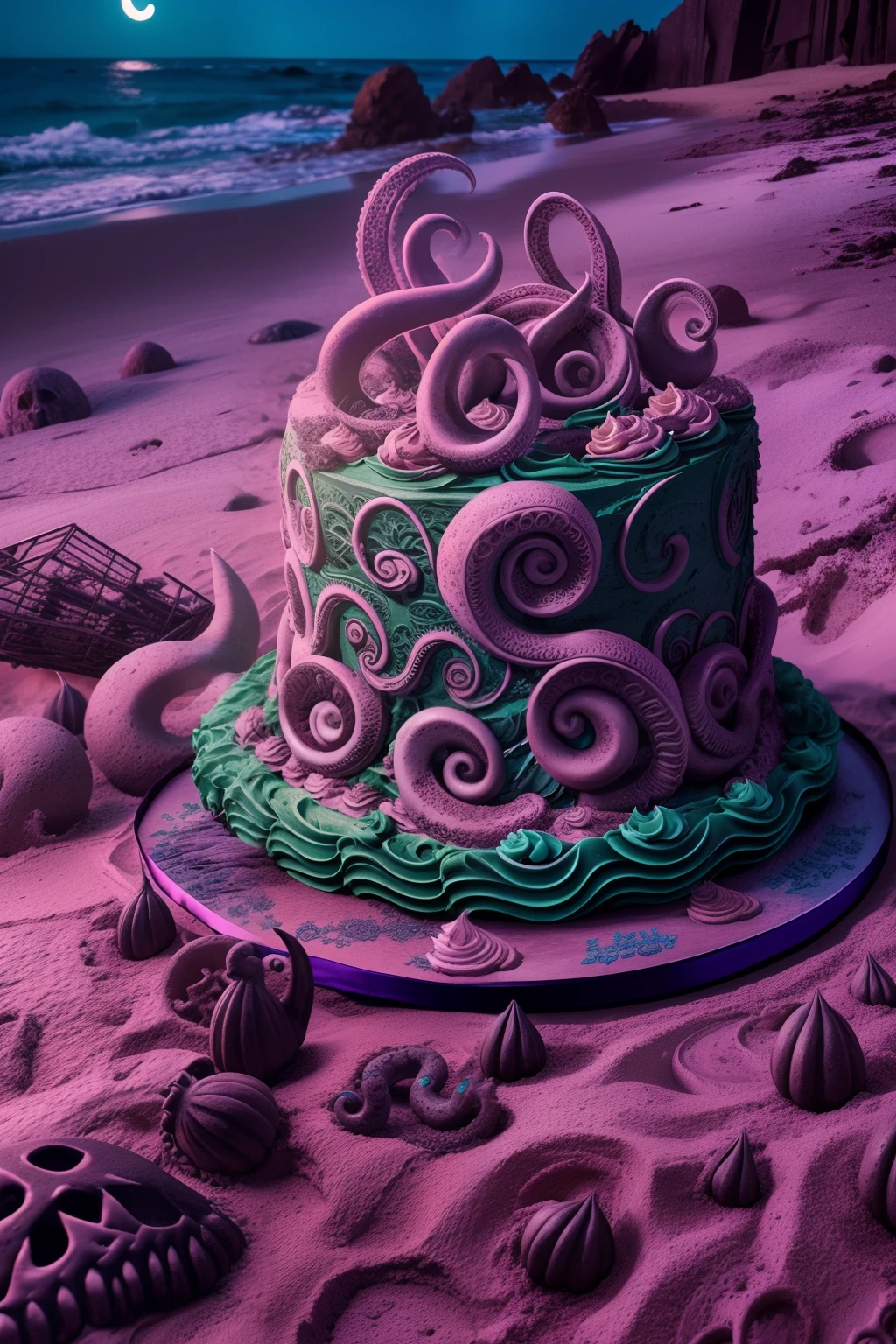 Photo of (creepy) cake on a (spooky) beach, moon, style of hp Lovecraft, tentacles, elaborate intricate detailed high quality highres dramatic lighting 8k high saturation
