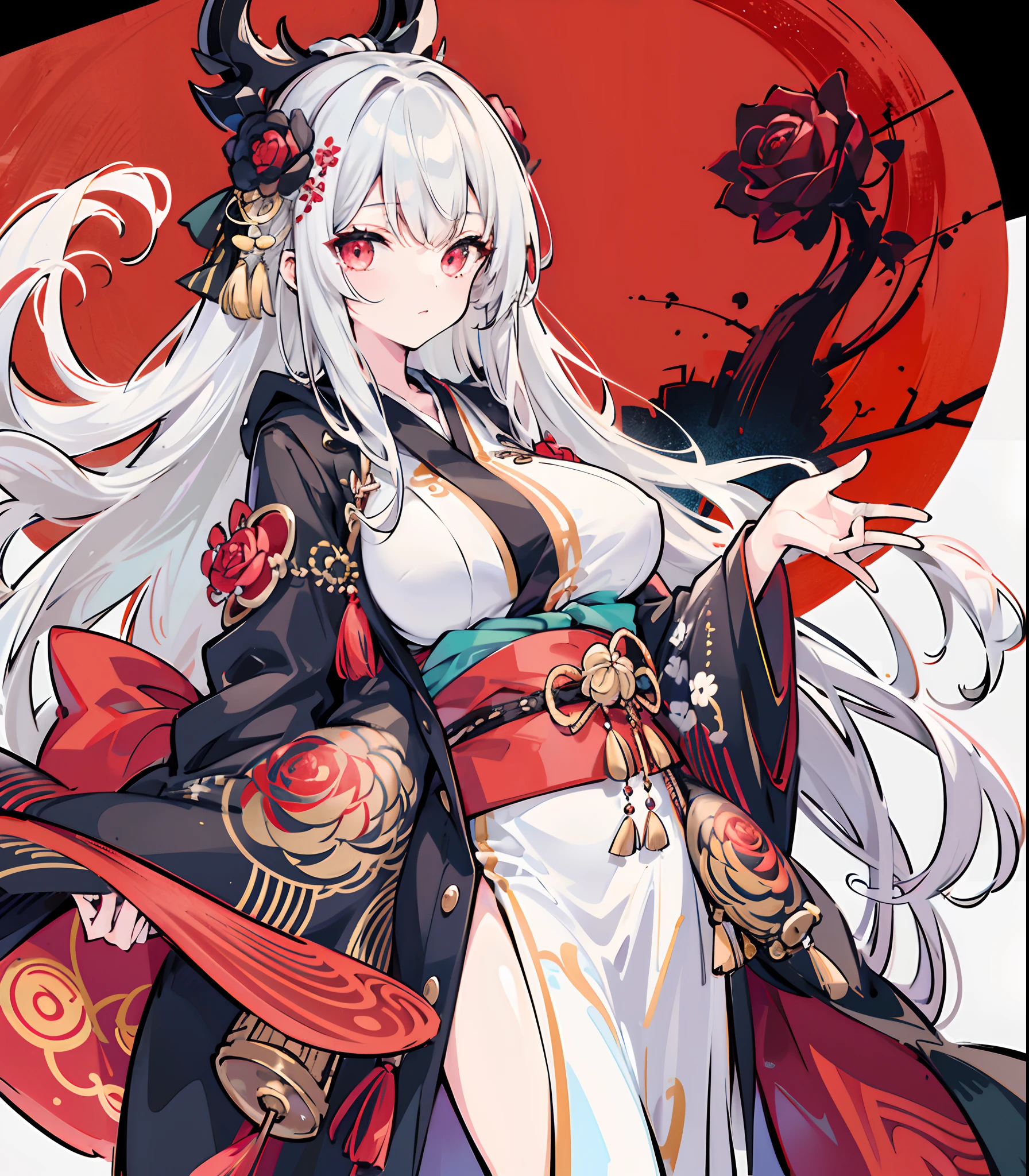 One girl, ((Colossal tits: 1.4)), ((Hi-Res)), ((masuter piece)), ((Best Quality)), (Very detailed)), Large file size, fulcolor, long white hair, Red Eyes, (eye line), Black rose pattern, kimono, Extreme