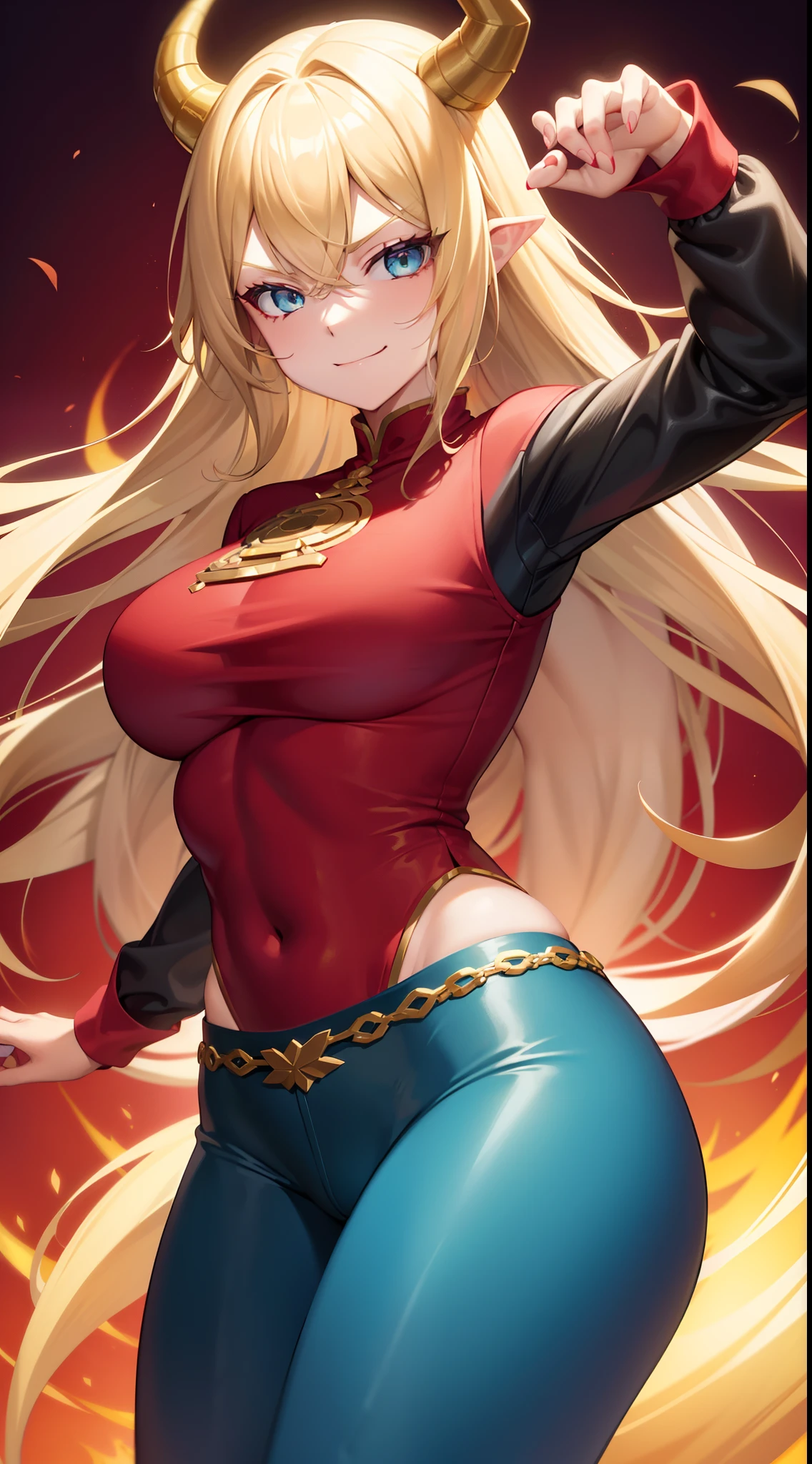 young girl, longue blonde hair, barrette, turquoise eyes, dragon tattoo, dragon horns, Red tight shirt, Gold Elements, pants, open thighs, claws, smirk, Masterpiece, hiquality, 4k, HD, Good detail