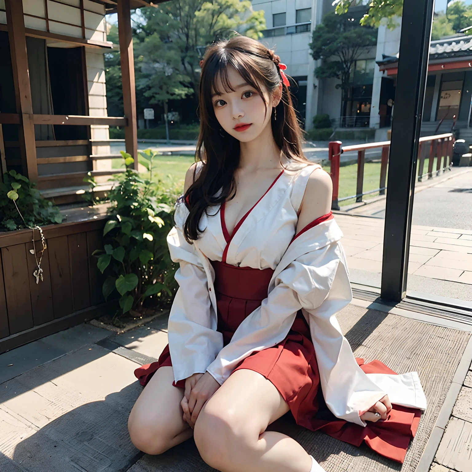 Woman in red skirt and white shirt is taking pictures, japanese girl school uniform, hakama kimono, Japan school uniform, Collar white and red, A Japanese style, Red kimono, Japanese style, traditional japanese, Wearing Hakama, japanese kimono,Landscape in the background, ，Ultra-high image quality，No bra，feet visible ，You can see the valley ，cleavage of the breast ，Furisode ，Wide sleeves ，Wearing a priestess uniform ，shoulders can be seen ，Shoulder skin is visible ，Shoulders exposed ，wide open legs ，Opening legs ，M-shaped legs ，Sedentary position ，Sleep posture ，Supine position