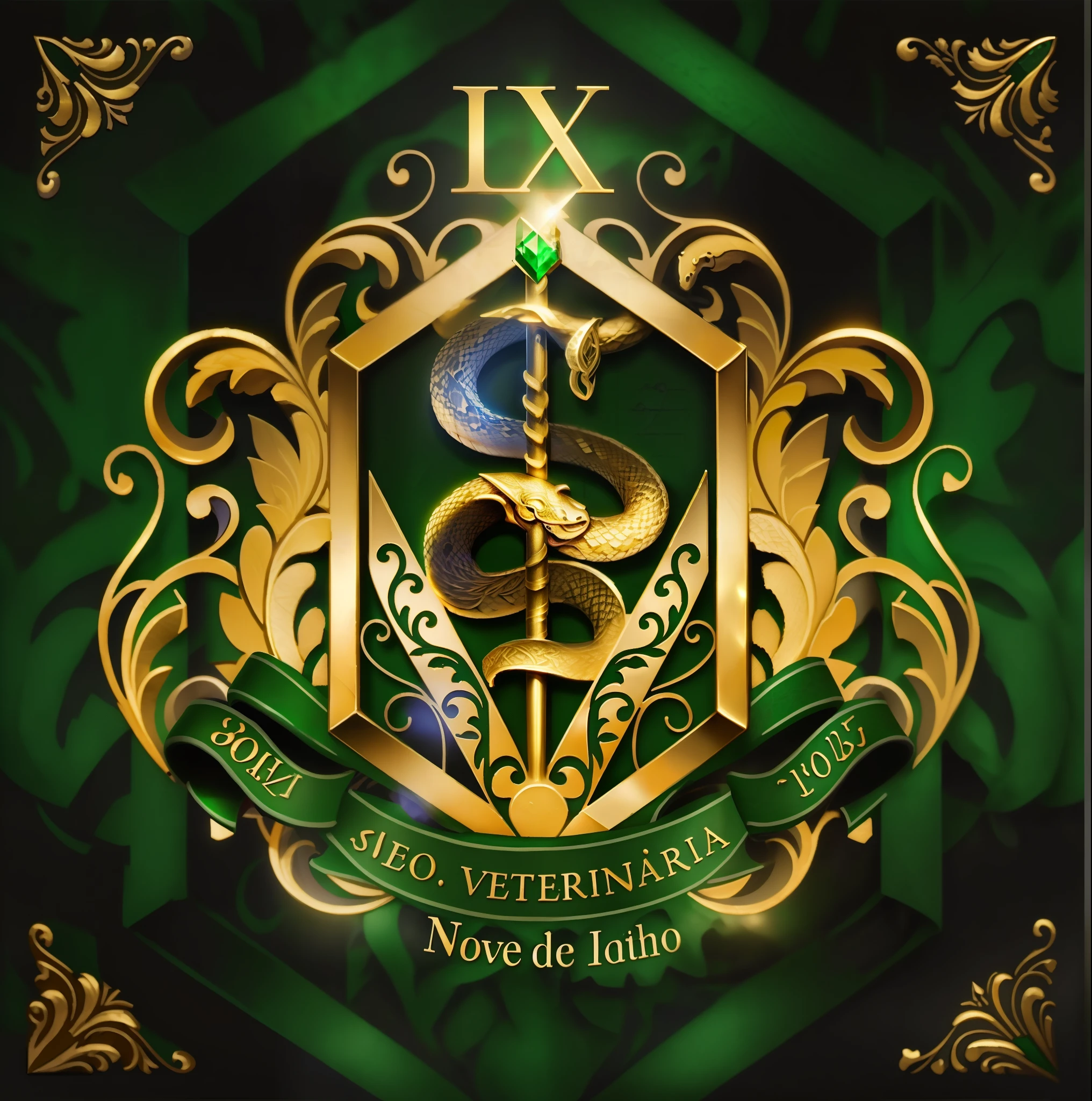 Create a veterinary medicine coat of arms that stands out for its unique and eye-catching details. Incorporate elements that represent dedication to animal health and well-being, as well as medical expertise. Use the colors green, gold and white to convey a sense of passion and dedication. Include the symbol that is already in use. Add bay leaves around the coat of arms. In the center, position a snake with its body wrapped around a staff, with the letter 'V' formed by Greek beams behind the snake. On top of the stick, place an emerald green stone, bright and alive. Make sure the stick floats vertically. Use a simple, gold frame around the coat of arms, with the laurel leaves woven into the frame.