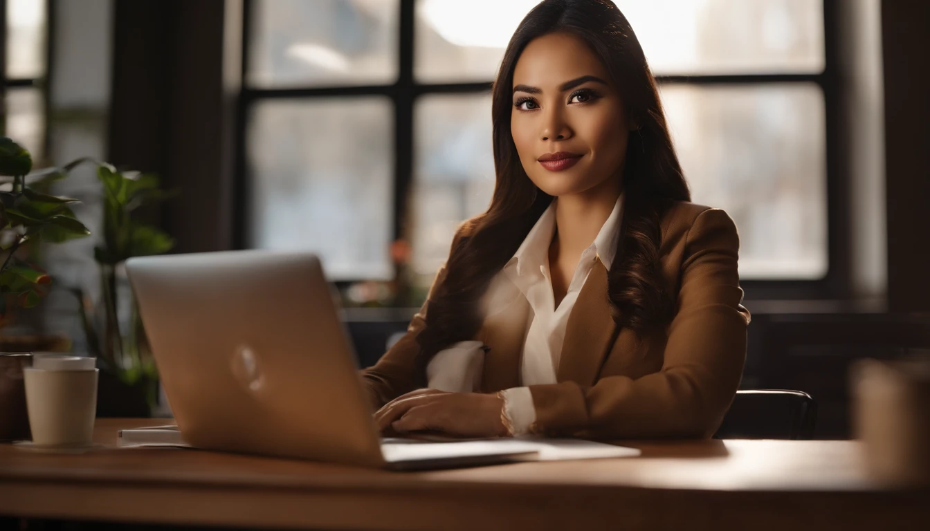 """
portrait of Filipina woman, working at her desk with a laptop and coffee, looking directly at the camera, (best quality, highres, HDR:1.1), ultra-detailed, realistic, (vibrant colors:1.1), (studio lighting:1.1), (sharp focus:1.1), (bokeh:1.1), (physically-based rendering:1.1), extremely detailed face and expression, long dark hair flowing freely, beautiful eyebrows, deep dark eyes with long eyelashes, brightly painted lips, subtle makeup, professional attire with a touch of cultural influence, a stylish blouse with traditional patterns, a modern laptop with a sleek design and glowing screen, a steaming cup of coffee by her side, a clean and organized desk with a few decorative items, a potted plant bringing life to the scene, natural sunlight streaming in from a nearby window, creating soft and warm lighting, giving the portrait a sense of tranquility and focus, using a DSLR camera.
"""