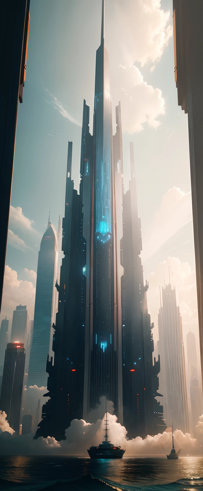 The future city，Greater Bay Area，HD real，Very detailed background by the sea， A huge sword-shaped skyscraper，（From a distance, It looks like 1 ancient sword stuck in the sea）High-rise complex，ultra - detailed，Very high definition，Heavy traffic，Prosperity remains，Futuristic city with rivers and bridges at sunset, cyberpunk art inspired by Mike "beeple" Winkelmann, trending on CGSociety, retro-futurism, in a futuristic cyberpunk city, Futuristic city landscape, arstation and beeple highly, in fantasy sci - fi city, Futuristic city landscape, futuristic cyberpunk city, cyberpunk dreamscape, sci fi city，Cidade futuristica， fanciful， 24th century ，GlowingRunesAIV2_Light blue megacities，（非常详细的 CG 统一 8k 壁纸），The most beautiful photos of outer space artworks，scifi spacescape，planetes，Ed Blinkey，atey ghailan，Professional majestic oil painting by Studio Ghibli，Jeremy Mann，Greg Manchess，Antonio Moro，The trend is on ArtStation，Trends on CGSociety，Intricate，High detail，Sharp focus，Dramatic，photorealistic painting art by midjourney and greg rutkowski