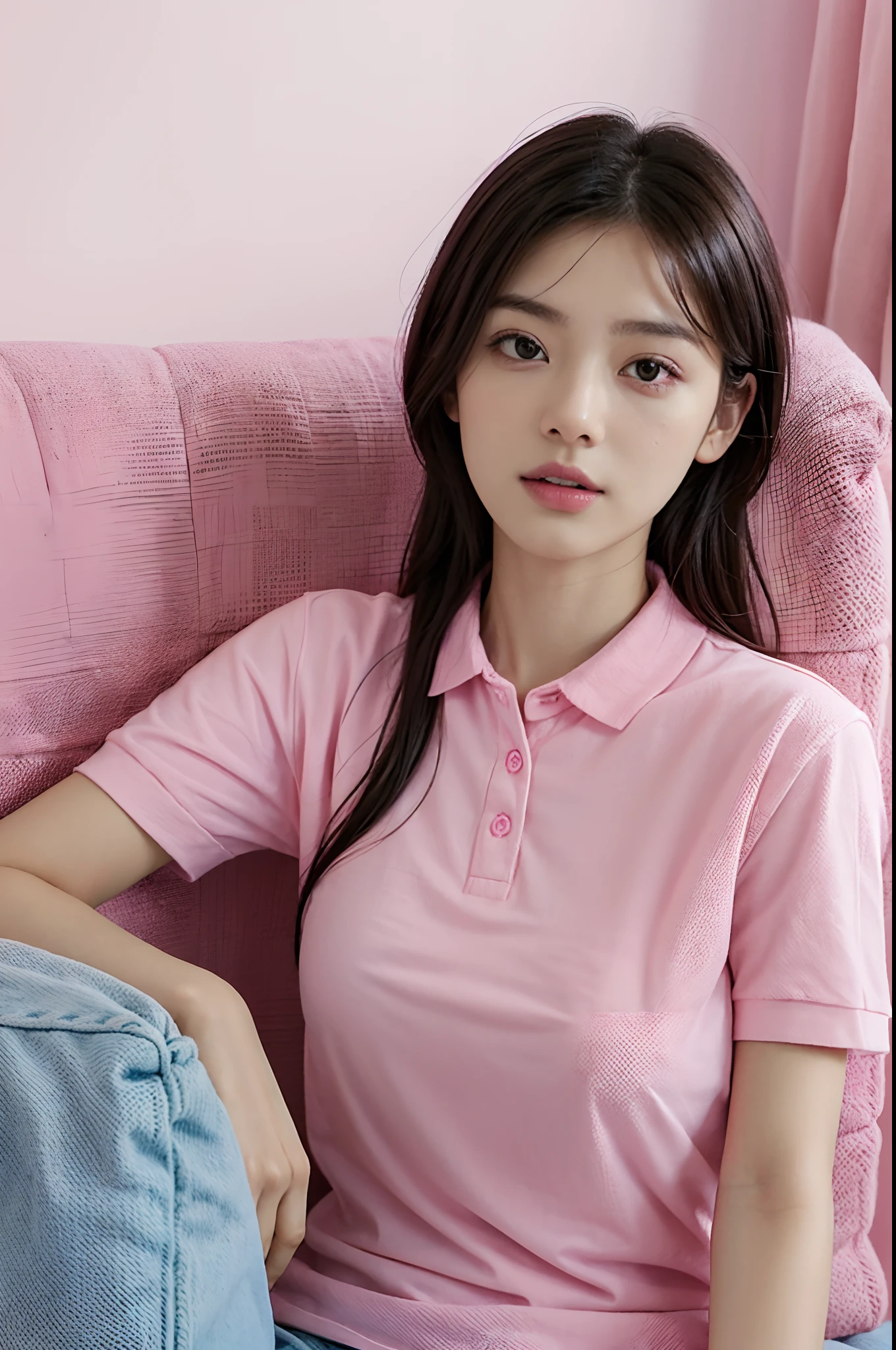 arafed woman sitting on a couch with her hand on her head, pink shirt, short sleeves, with soft pink colors, magenta shirt, collared shirt, faded pink, pink clothes, some pink, wearing in shirt, shirt, ((pink)), pink, pink pastel, wearing polo shirt, pastel pink, modern casual clothing, portrait shot, casual clothing