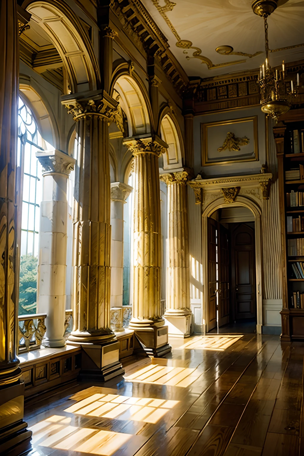 A room that belongs to a Greek god, pillars, books, mood is majesty, vitality, life, light, fullness, culmination, perpetuating, ordering.