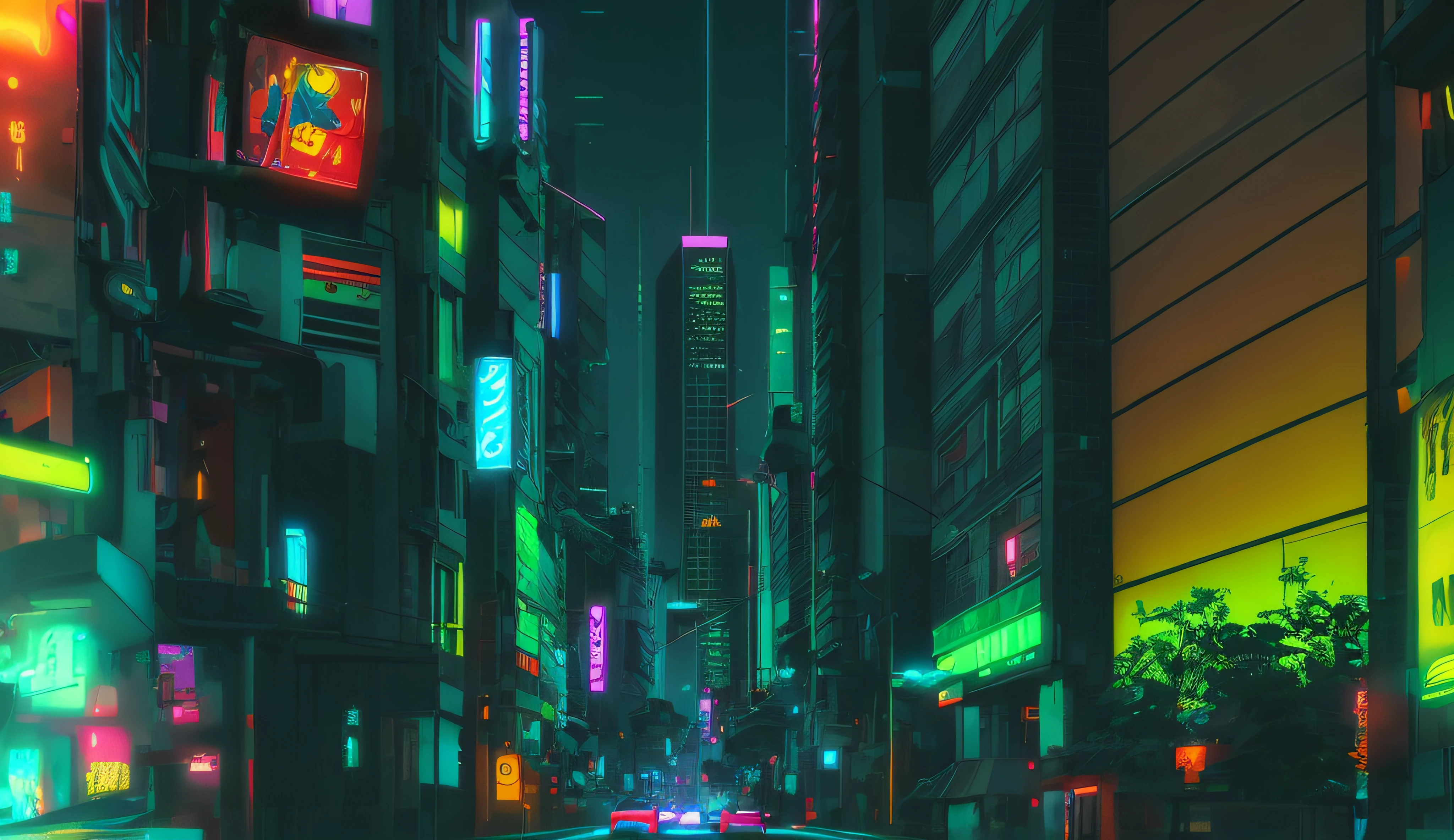 City street lit up at night with neon and traffic signs, art deco outrun anime aesthestic, fundo neo tokyo, neon city, inspirado em Liam Wong, Estilo anime cityscape, Rua Cyberpunk, Cidade Neon ao fundo, em cyberpunk city, rua futurista, cores cyberpunk coloridas sonhadoras, rua da cidade cyberpunk, em uma cidade cyberpunk futurista, em uma cidade cyberpunk