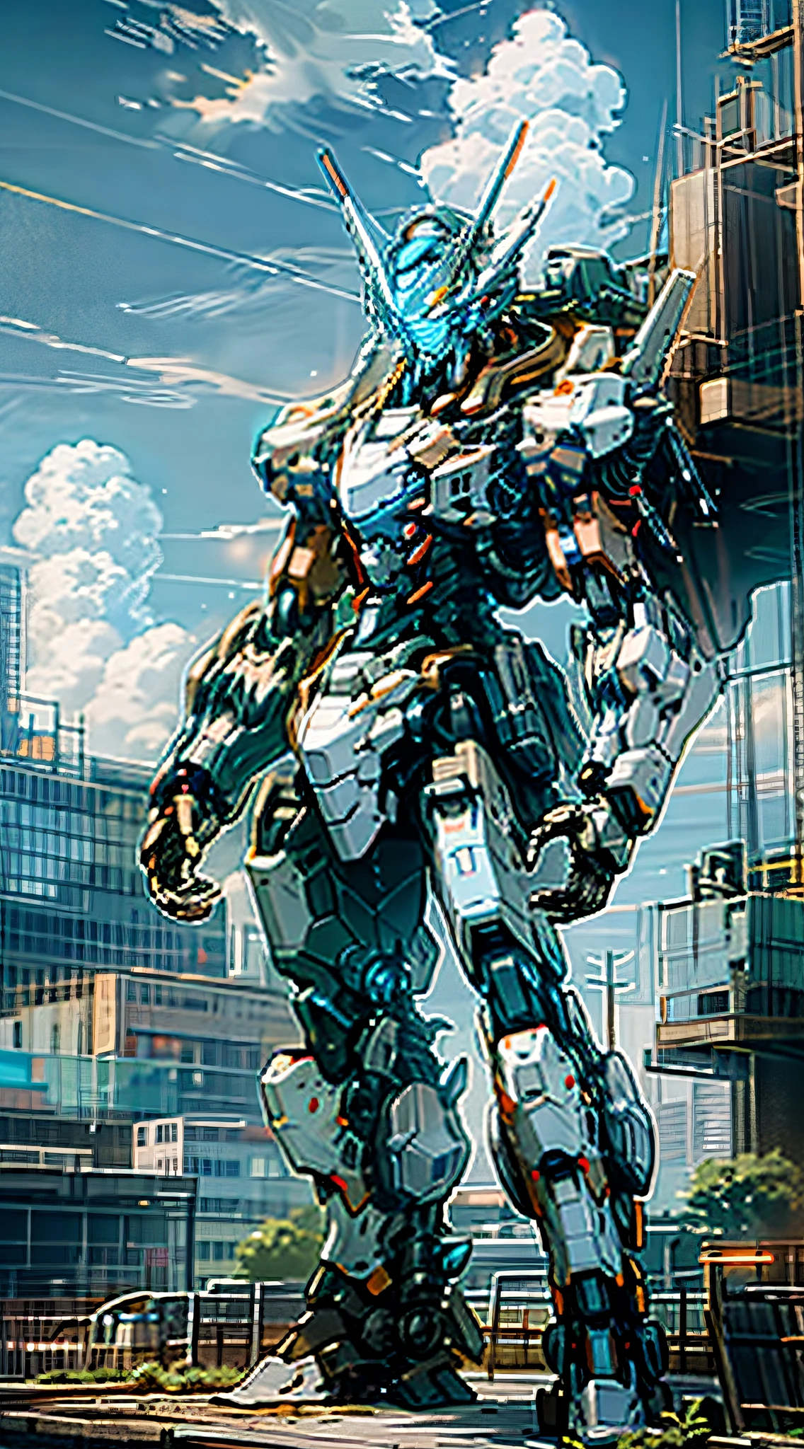 sky, clouds, holding_weapon, no_humans, glowing, a man standing on top of a building, his back to the viewer, looking into the distance, giant robot, building, ruins, glowing_eyes, mecha, science fiction, city, reality, mecha