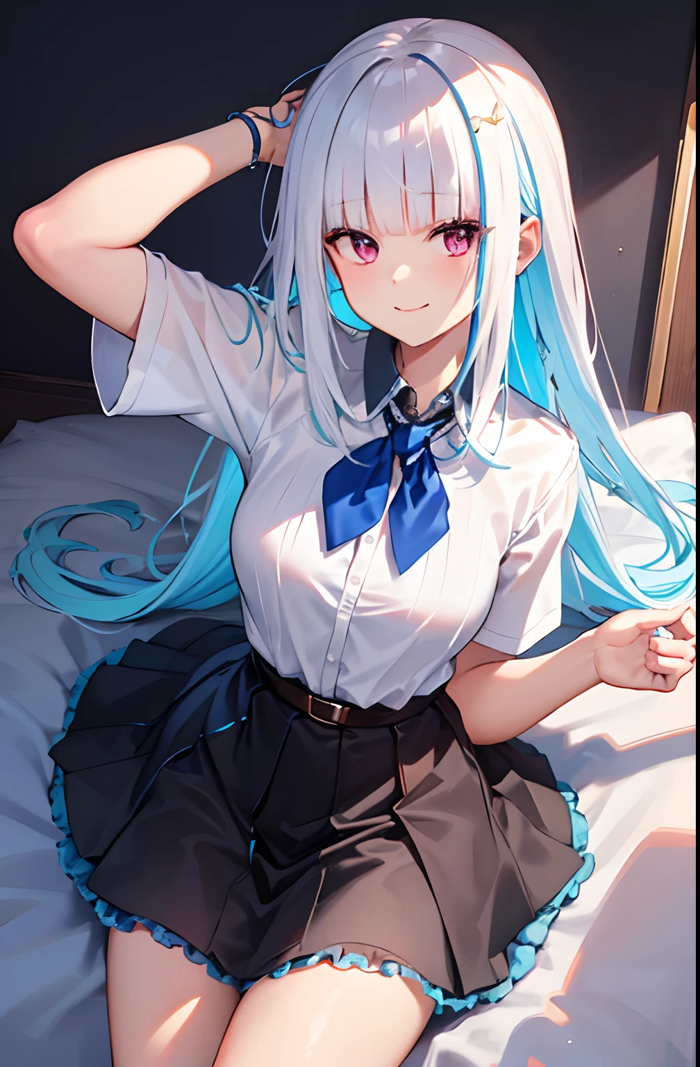 (masterpiece, best quality:1.2), cowboy shot, solo, 1girl, smile, closed mouth, look at the viewer, hands behind the head, laying on back, from above, legs spread, wet, white shirt, tight shirt, bra, black skirt, short skirt
