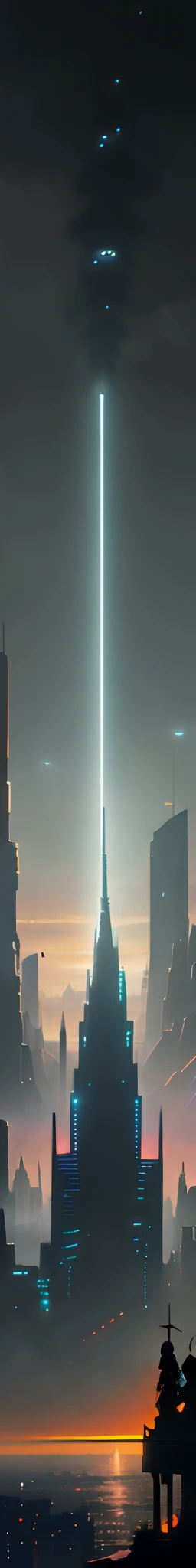 The future city，Greater Bay Area，HD real，Very detailed background by the sea，1. A huge sword-shaped skyscraper，（From a distance, It looks like 1 ancient sword stuck in the sea）High-rise complex，ultra - detailed，Very high definition，Heavy traffic，Prosperity remains，by the sea，Futuristic city with rivers and bridges at sunset, cyberpunk art inspired by Mike "beeple" Winkelmann, trending on CGSociety, retro-futurism, in a futuristic cyberpunk city, Futuristic city landscape, arstation and beeple highly, in fantasy sci - fi city, Futuristic city landscape, futuristic cyberpunk city, cyberpunk dreamscape, sci fi city，Cidade futuristica， fanciful， 24th century ，GlowingRunesAIV2_Light blue megacities，（非常详细的 CG 统一 8k 壁纸），The most beautiful photos of outer space artworks，scifi spacescape，planetes，Ed Blinkey，atey ghailan，Professional majestic oil painting by Studio Ghibli，Jeremy Mann，Greg Manchess，Antonio Moro，The trend is on ArtStation，Trends on CGSociety，Intricate，High detail，Sharp focus，Dramatic，photorealistic painting art by midjourney and greg rutkowski