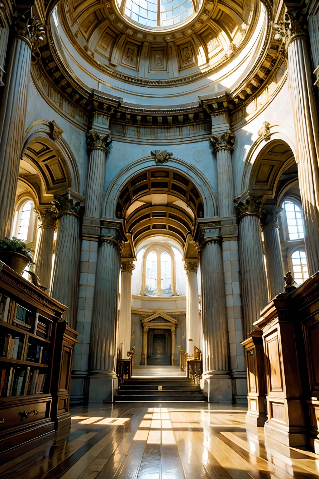 A room that belongs to a Greek god, rotunda, books, mood is majesty, vitality, life, light, fullness, culmination, perpetuating, ordering.