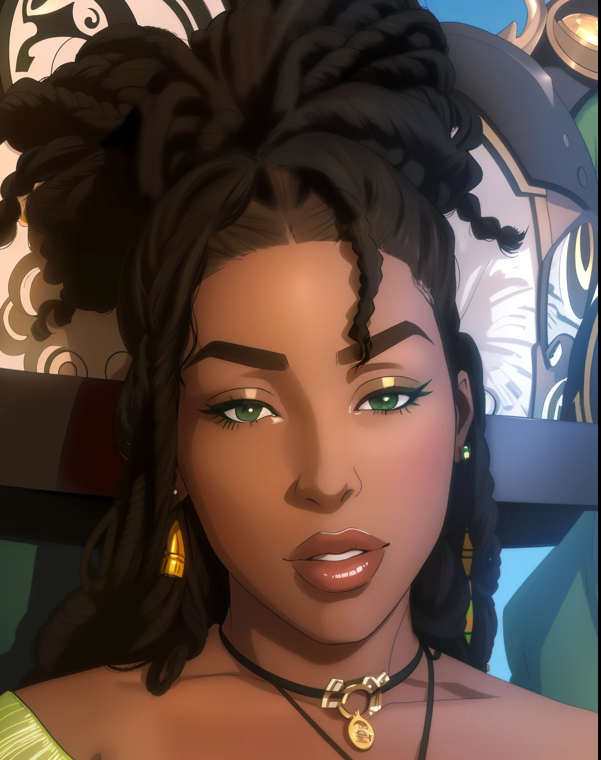 a close up of a woman with dreadlocks and a green dress, young black woman, black young woman, thick lips, medium close up portrait, detailed flawless face, brown skinned, dark skinned, photo of a black woman, dreadlock black hair, headshot profile picture,