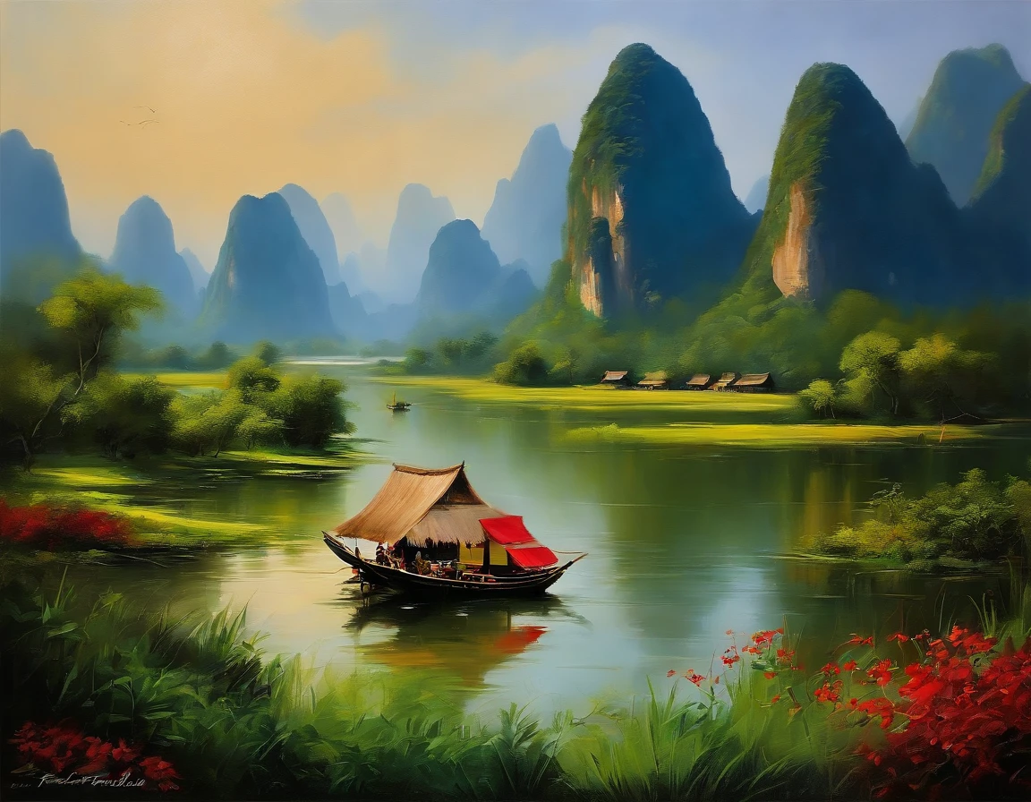 Oil painting, color is bright, ((by Facepunch Studios style:1.4)), Landscape scenery of Yangshuo China,  ((Oil painting works style should follow the original style:1.4)),