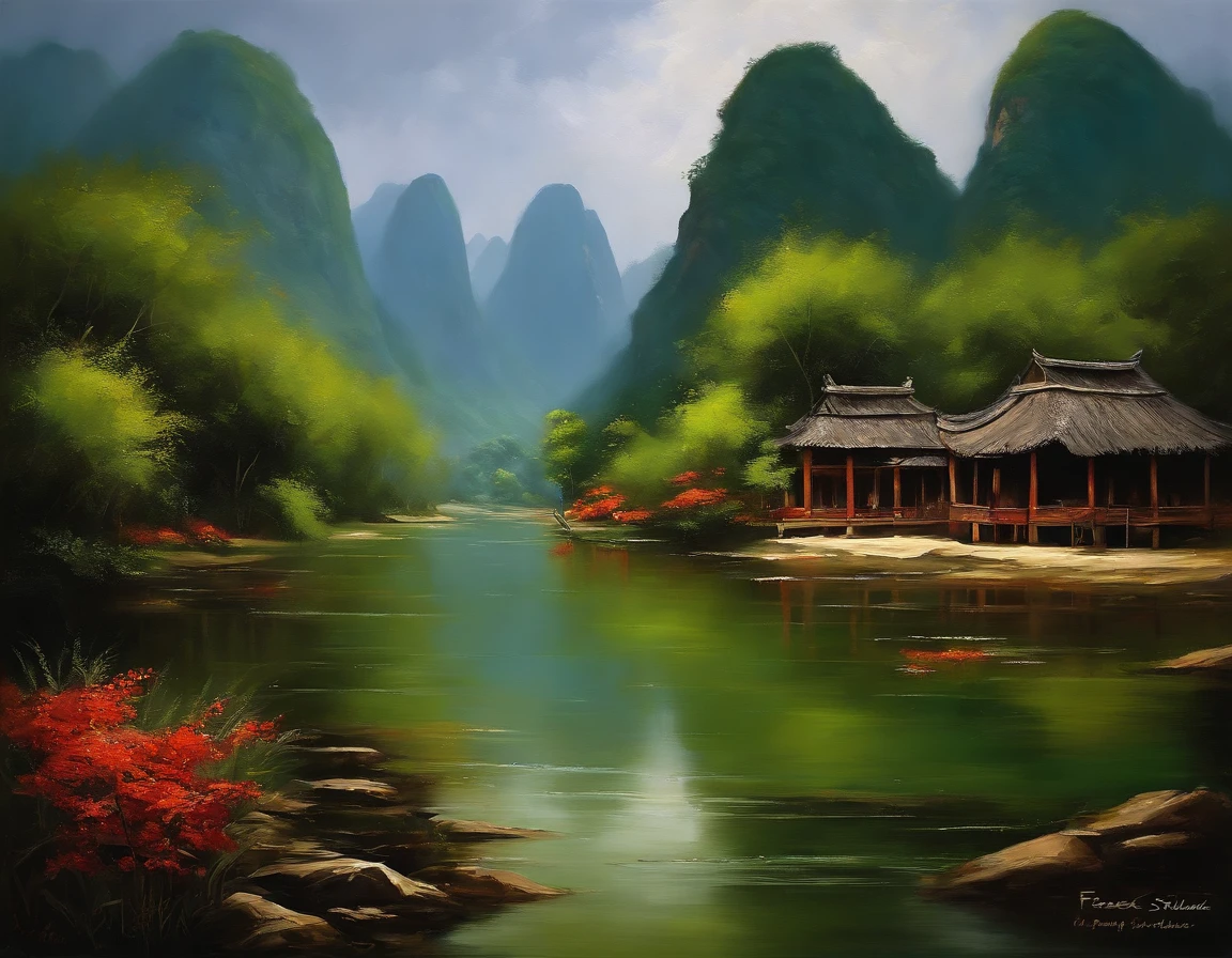 Oil painting, color is bright, ((by Facepunch Studios style:1.4)), Landscape scenery of Yangshuo China,  ((Oil painting works style should follow the original style:1.4)),