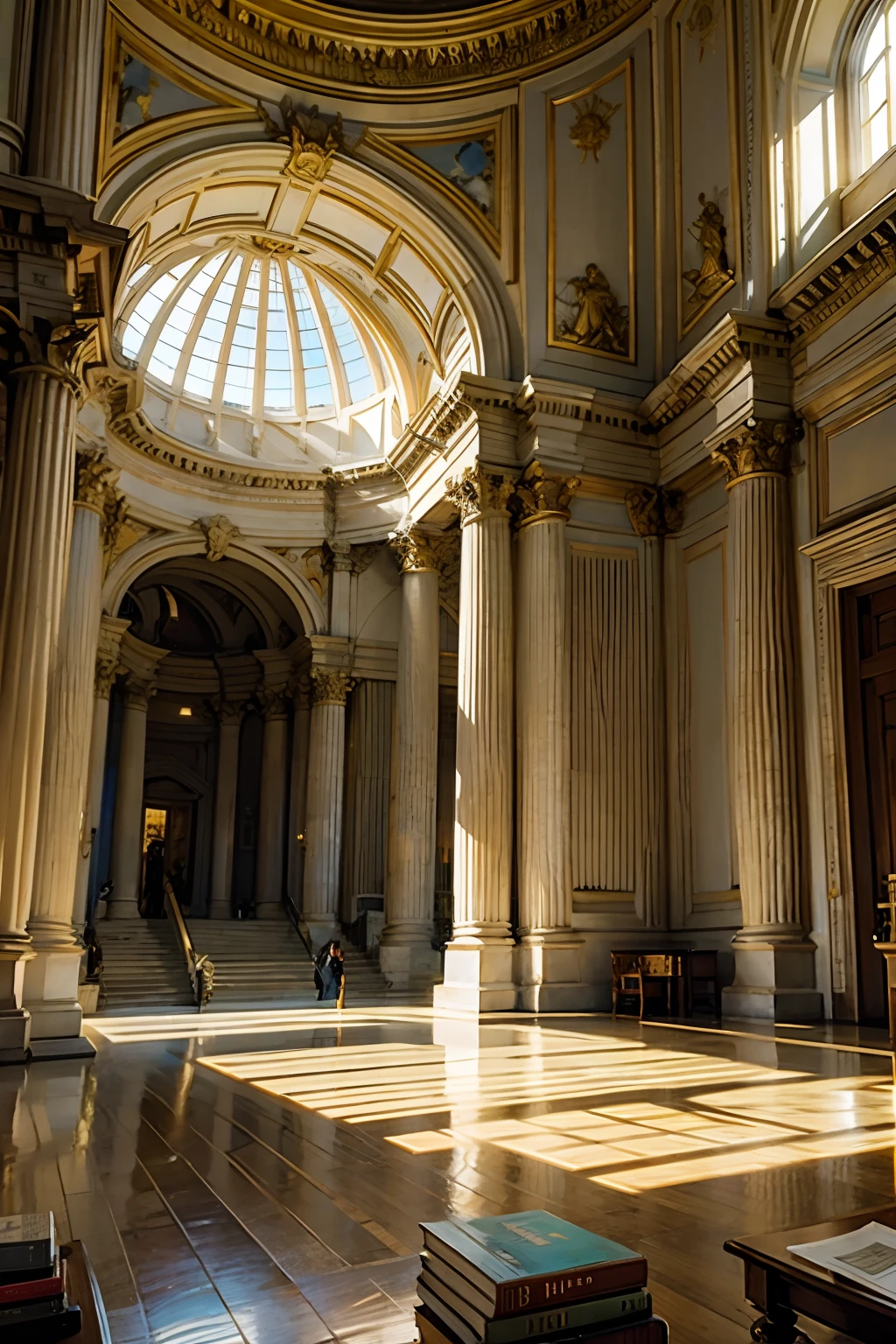 A room that belongs to a Greek god, rotunda, books, mood is majesty, vitality, life, light, fullness, culmination, perpetuating, ordering.
