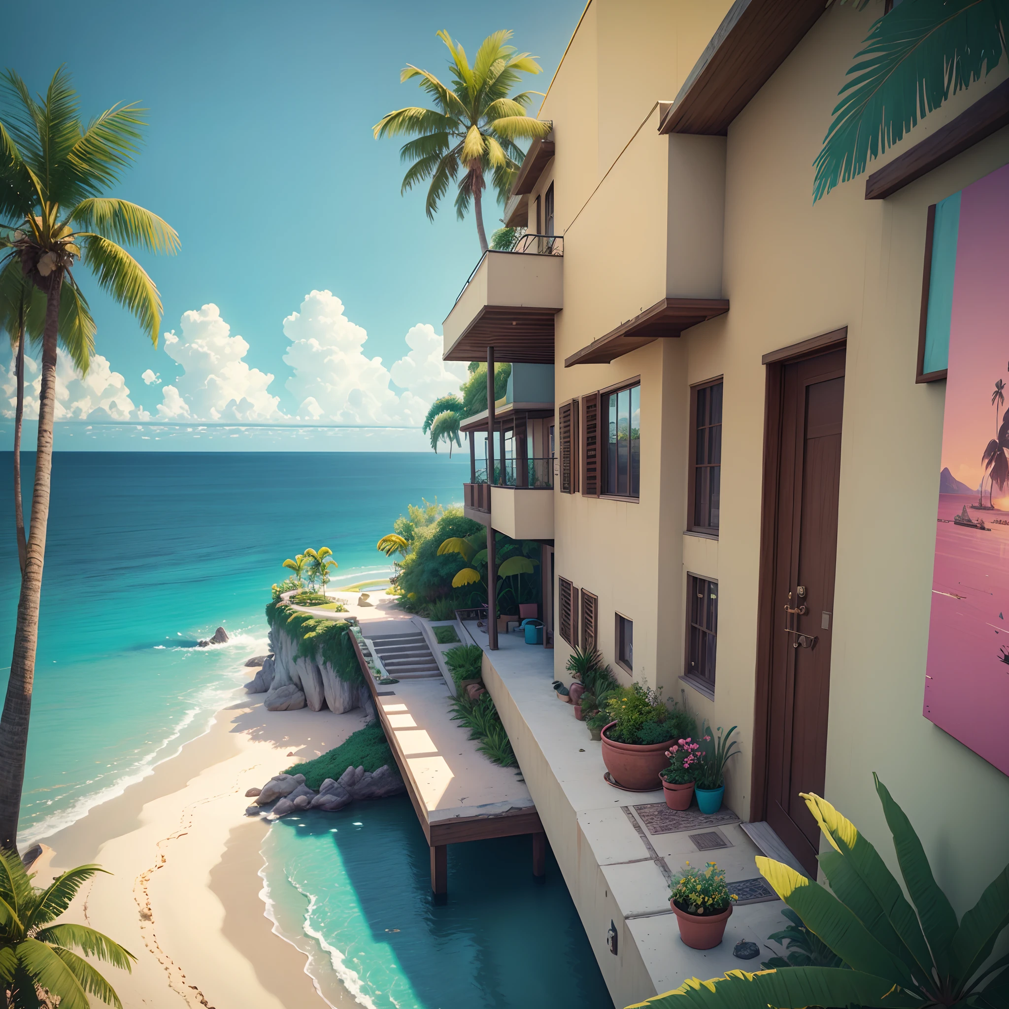 art by jack sparrow, 1960, in the style of pixelated landscapes, postmodern minimalism, tropical landscapes, precise, detailed architecture paintings, american realism, vivid realism, teal and pink, 80s album artwork ((Best quality, 8K, Masterpiece:1.3)))