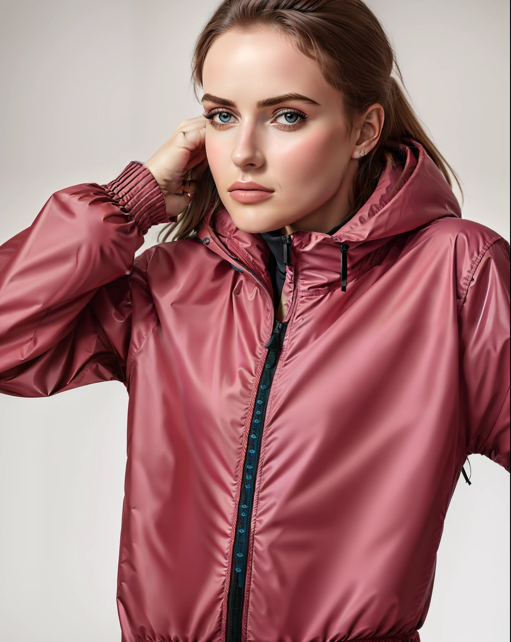 Arafed woman in a pink jacket and blue pants posing for a photo, she is wearing a wet coat, future inflatable jacket, olhar molhado, na capa de chuva, roupas esportivas, roupas esportivas, glossy, encapuzado, Aurora Aksnes, Fotografia de uma mulher techwear, tecido molhado, Tiro de RP, Modelo feminino, suit jacket, wearing translucent sheet, magenta, fotografia realista, fotografia, obra-prima, realista, Realismo, renderizado, Alto contraste, Arte Digital, fotográficorealista, trend in Artstation 8k HD, high definiton, circunstanciado, Realistic, detalhada, textura da pele, hiperdetalhada, Textura realista da pele, melhor qualidade, ultra high-resolution, (fotografia realista: 1.4), alta resolução, detalhada, fotografia crua, Crisp resolution, Nikon d850 filme, fotografia de stock 4, Kodak Portra 400 Camera F1 Lens.6, textura hiper realista, lighting dramatic, Unrealistic trend in Artstation Cinestill 800, RAW.