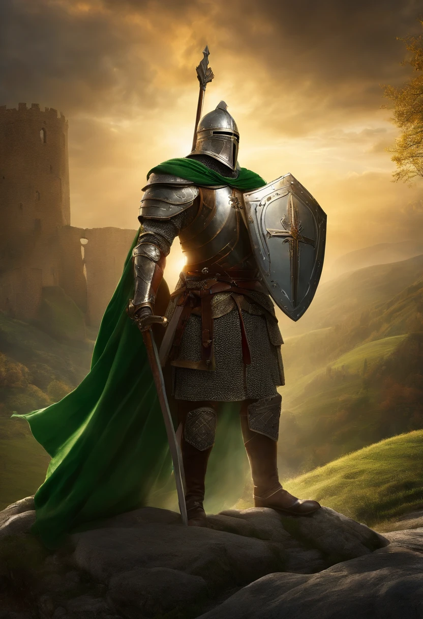 "Royal Knight with a majestic aura, Adorned with shimmering snow-white armor, Holding the legendary short rod in his right hand,Holding the shield of the cross in his left hand, Towering in the midst of medieval battlefields,Wearing a green aura,Banners and rays of light fluttering in the wind illuminate the scene.large cross,Shield to protect allies,"