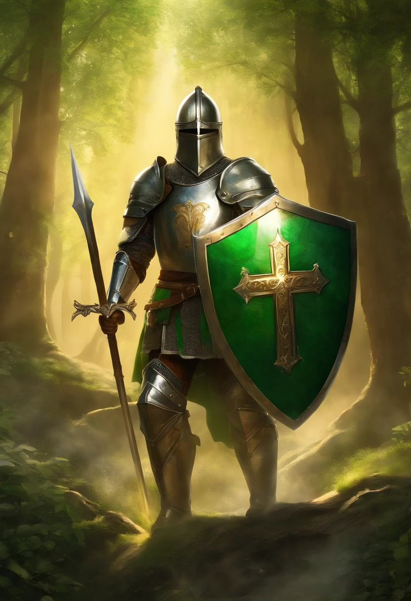 "Royal Knight with a majestic aura, Adorned with shimmering snow-white armor, Holding the legendary short rod in his right hand,Holding the shield of the cross in his left hand, Towering in the midst of medieval battlefields,Wearing a green aura,Banners and rays of light fluttering in the wind illuminate the scene.large cross,Shield to protect allies,"
