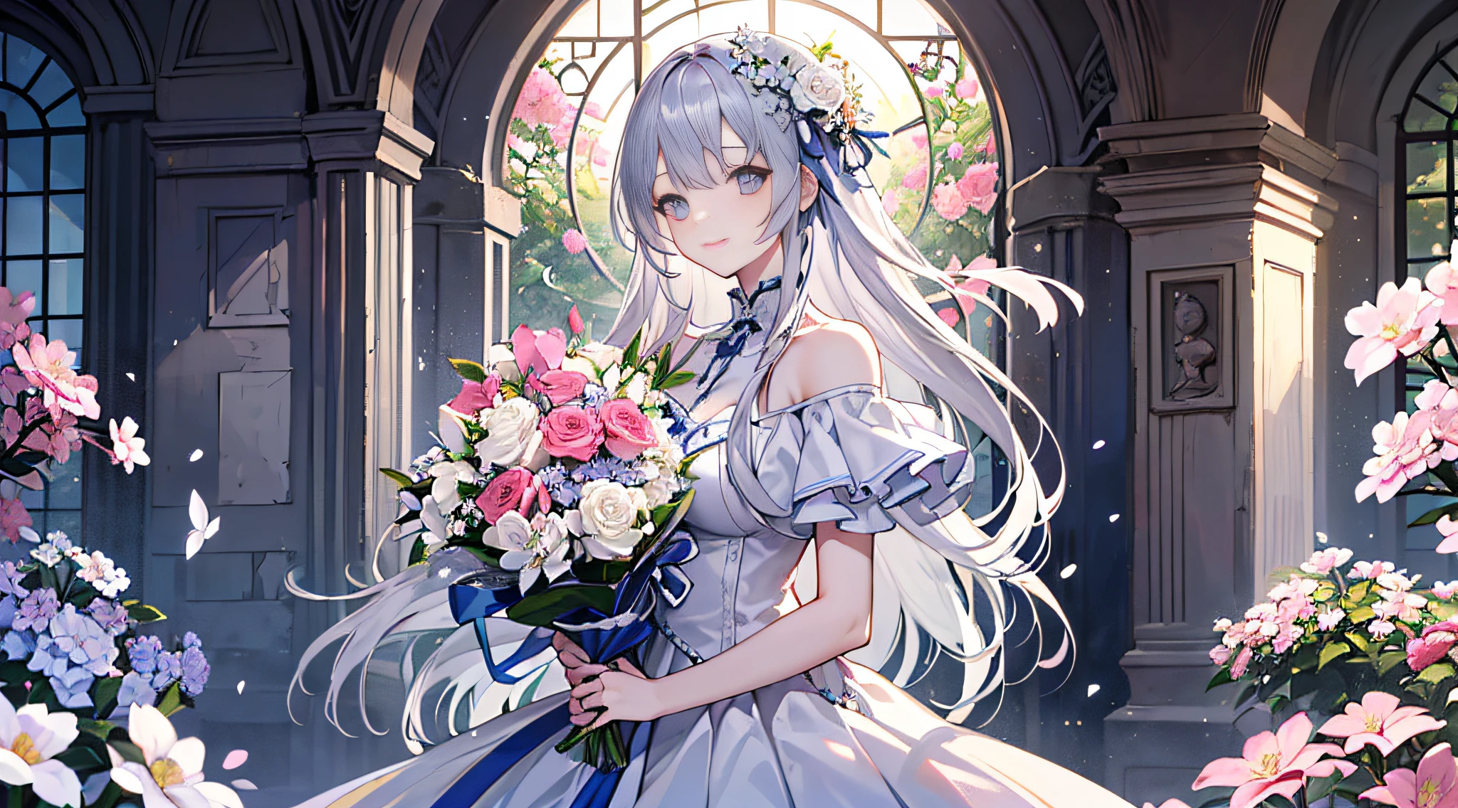 (tmasterpiece、top-quality、illustratio、Extremely high quality、high-level image quality、Extremely sensitive writing)Girl with long silver hair standing in beautiful flowery garden、A slight smile、She has a large bouquet、Cute national costume style dress，There are ruffles on the shoulders、Hair fluttering in the wind