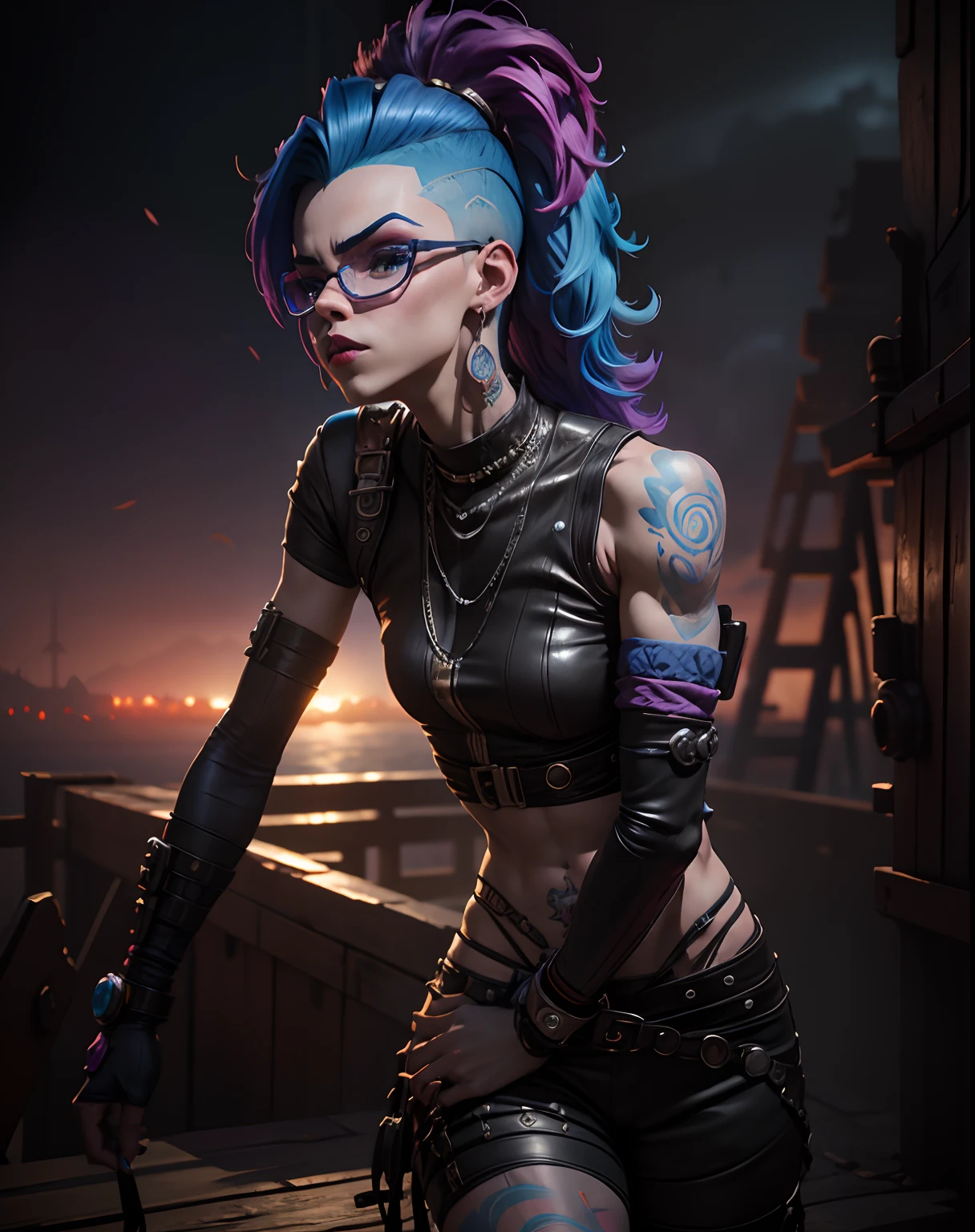 There's a woman with blue hair and tattoos posing for a photo, Retrato de Jinx de Arcane, deviantart artstation cgscosiety, Vencedor do concurso Artstation, Jinx de League of Legends, 3 d render arte do caractere 8 k, Jinx, Arcano, 3 d render stylized, (octan render) estilo fantasia, Trending in ArtStation 4K