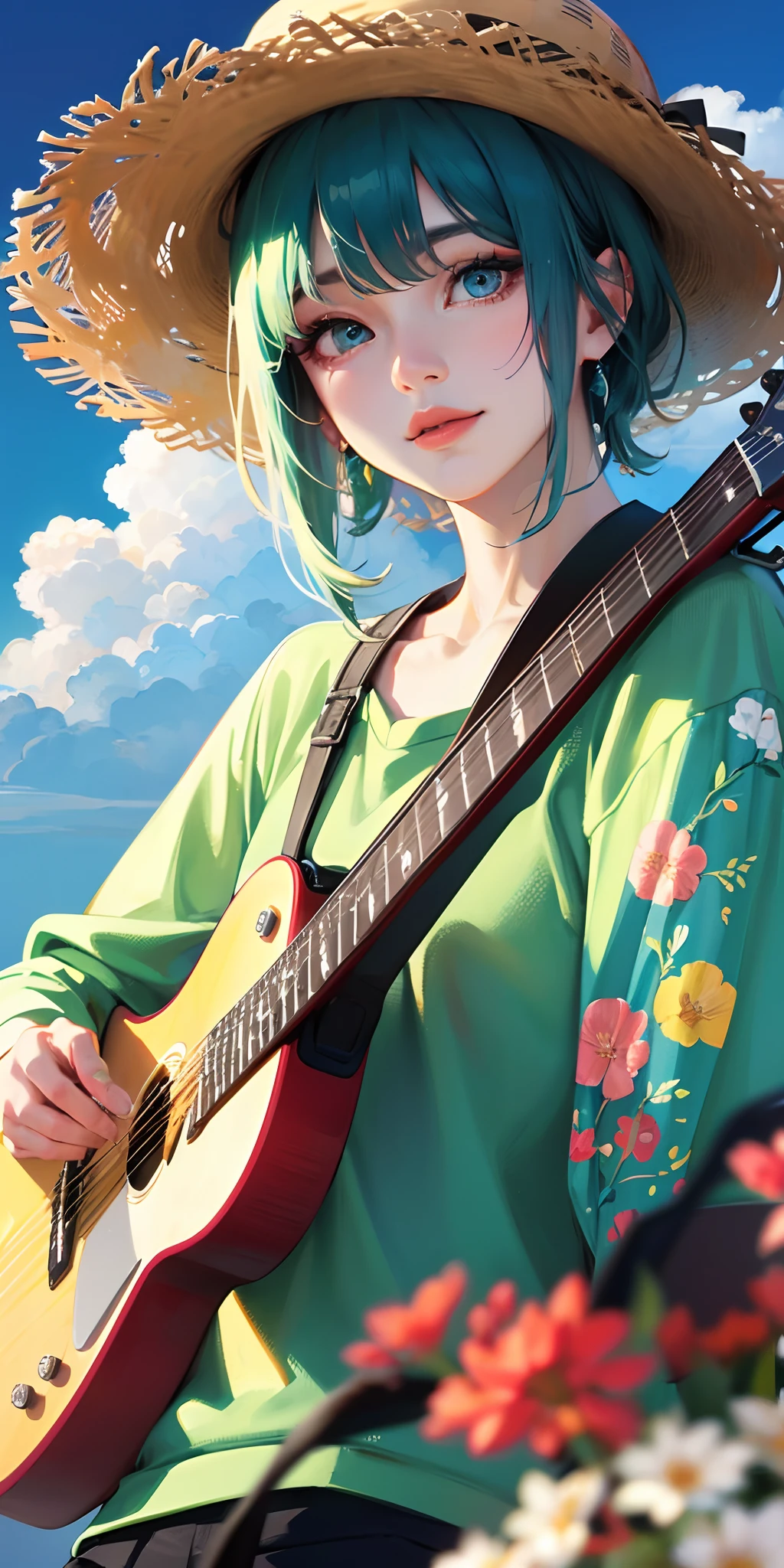 cute girl, using green hat, short blue hair, green shirt, chubby, playing guitar, flower, sun, beautiful sky, blue eye, :), 4k realistic --auto --s2