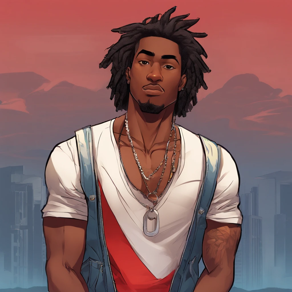 realistic style, masterpiece, best quality, 8k, artstation, sharp focus, ultrarealistic, high details, black skinned adult male, late 20s, street thug, A black teenager, character, very tall, muscular, with short hair, brown eyes, solo, 1boy, he has a burn mark in the left side of his face. He wears a white tank top, unzipped leather jacket, blue jeans, dark sneakers and a silver necklace.(((black:1.5, red:1.1, white:1.3)))