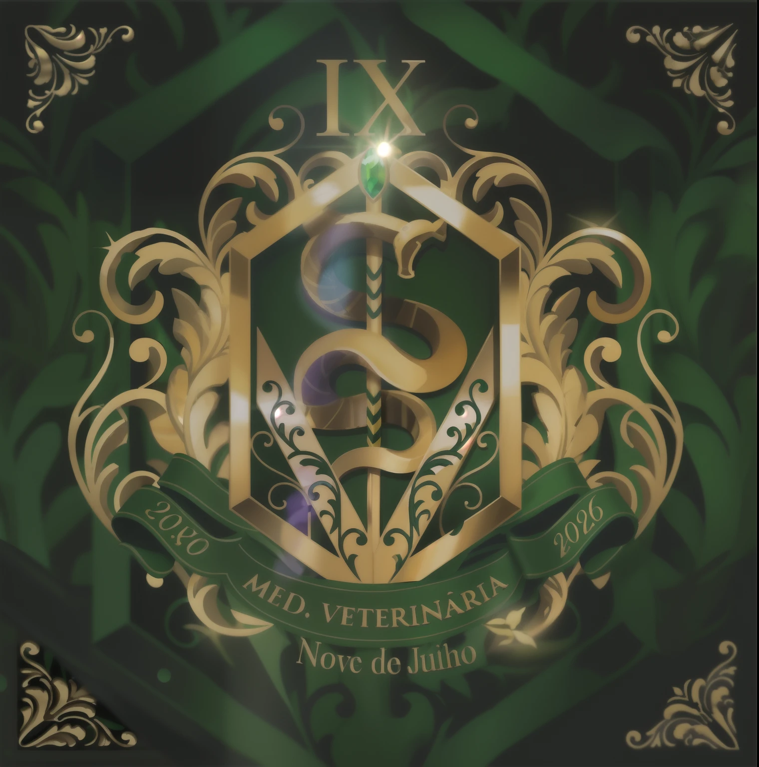 Create a veterinary medicine coat of arms that stands out for its unique and attractive details. Incorporate elements that represent dedication to animal health and welfare, as well as medical expertise. Use como cores verde, gold and white to convey a sense of passion and dedication. Include the symbol that is already in use. Add bay leaves around the coat of arms. No centro, posicionar uma cobra com o corpo enrolado em torno de um cajado, with the letter 'V' formed by Greek beams behind the snake. Em cima do palito, Coloque uma pedra verde esmeralda, brilhante e vivo. Make sure the stick floats vertically. Use um simples, Golden frame around the coat of arms, com as folhas de louro tecidas na moldura.