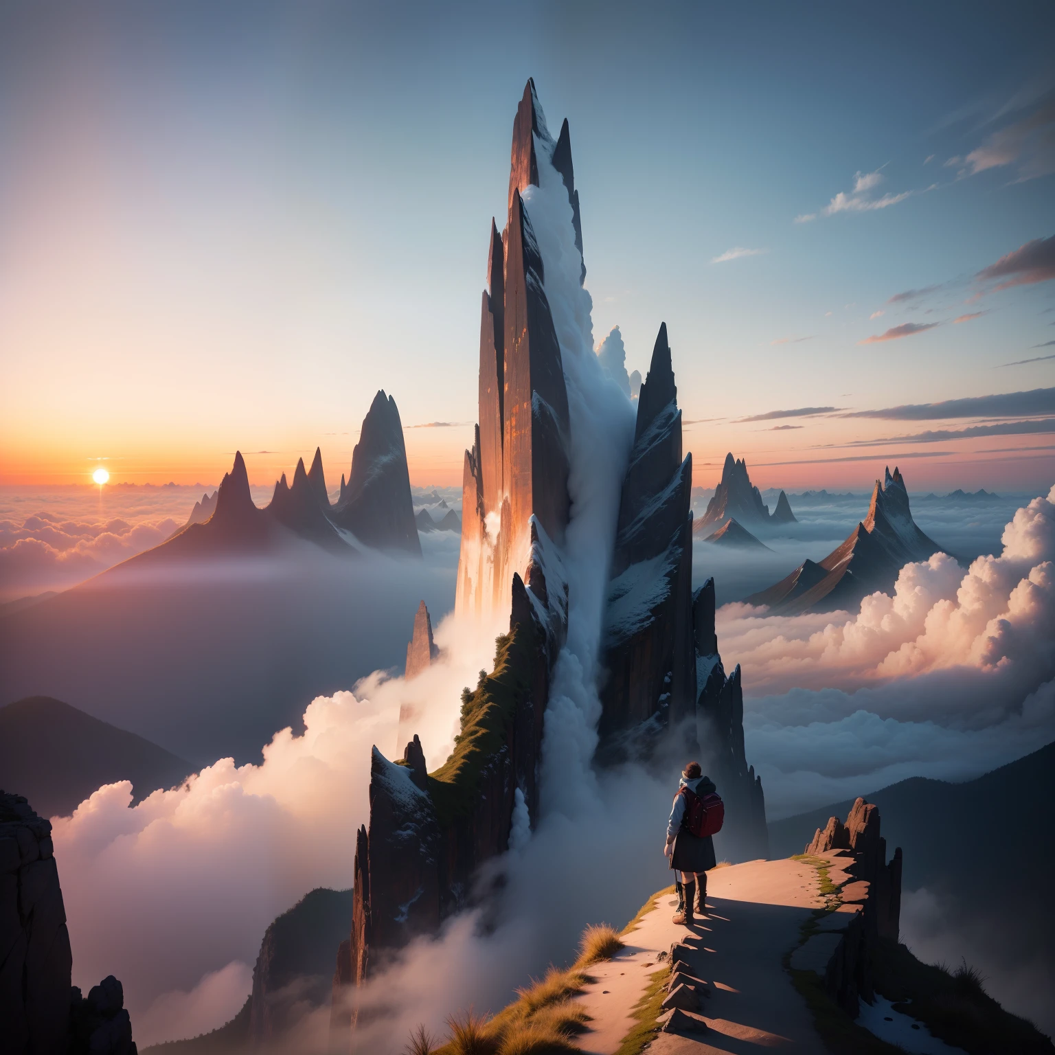 (Best quality, hyper realistic photography), Magnificent peaks, Sea of clouds, A place where you can watch the sunset。