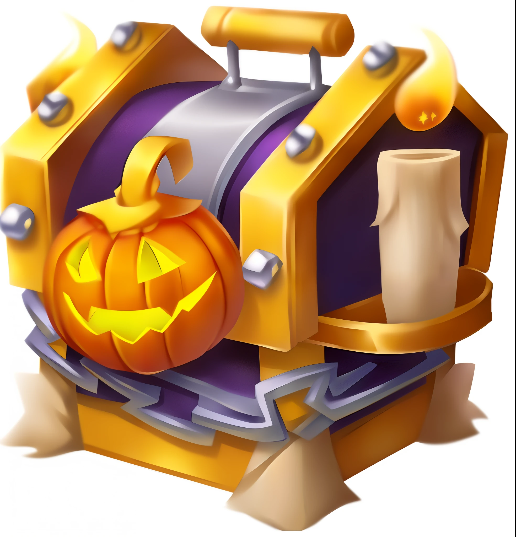 Close-up of Halloween pumpkin in wooden box, magic spell icon, loot box, fantasy game spell icon, Treasure chests, game icon asset, Treasure Trove, world of warcraft spell icon, epic legends game icon, front of the treasure box, halloween celebration, fantasy game spell symbol, halloween theme, plate armored chest, Halloween, item art