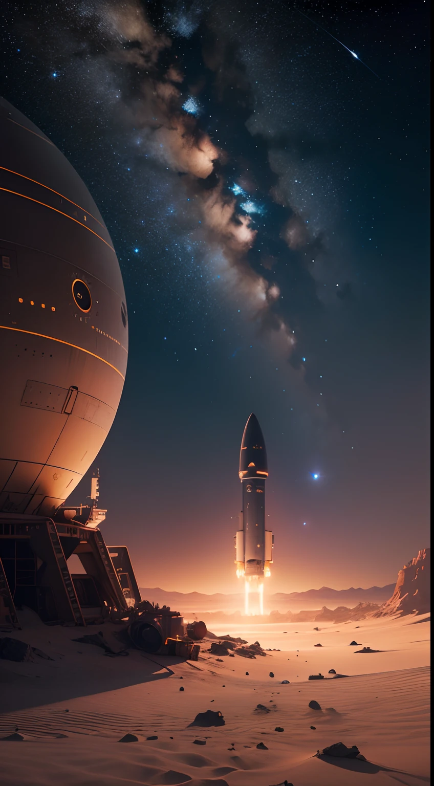 astronalta tecnologico em marte, naves futuristicas, noite, 4ki, outer space, imagem interessante, colorido, tons coloridos, cores incriveis, Stars in the sky, aspecto escuro, dark, cena perfeita