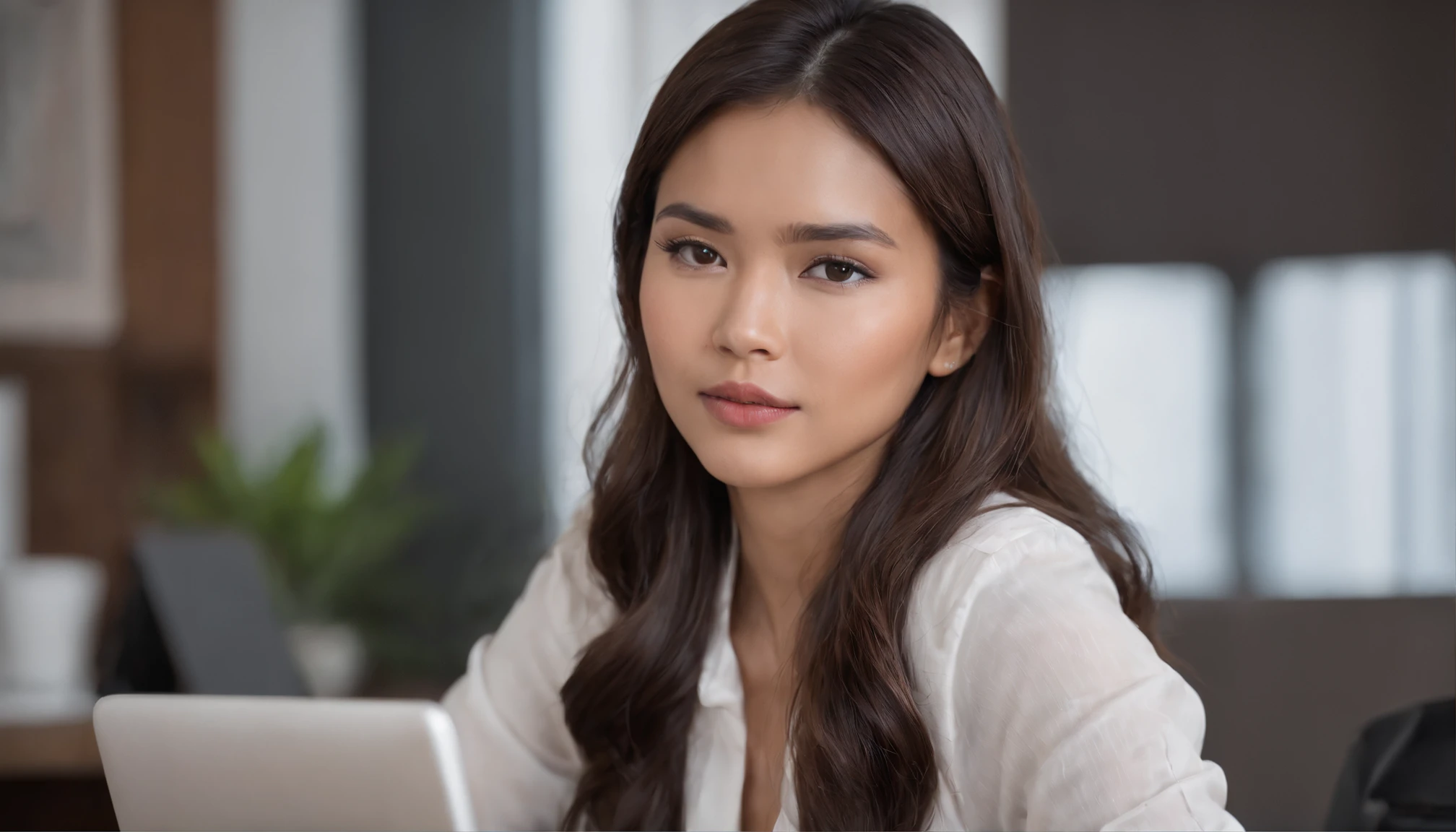 (best quality,highres,realistic:1.37),portrait,beautiful Filipina woman,gazing,eye contact,intense expression,working,writing at her desk,concentrated,focused,professional attire,laptop,coffee cup with steam,contemporary office setting,neatly organized desk,bookshelf with books,potted plant in the background,natural lighting,vivid colors,sharp focus,subtle bokeh.