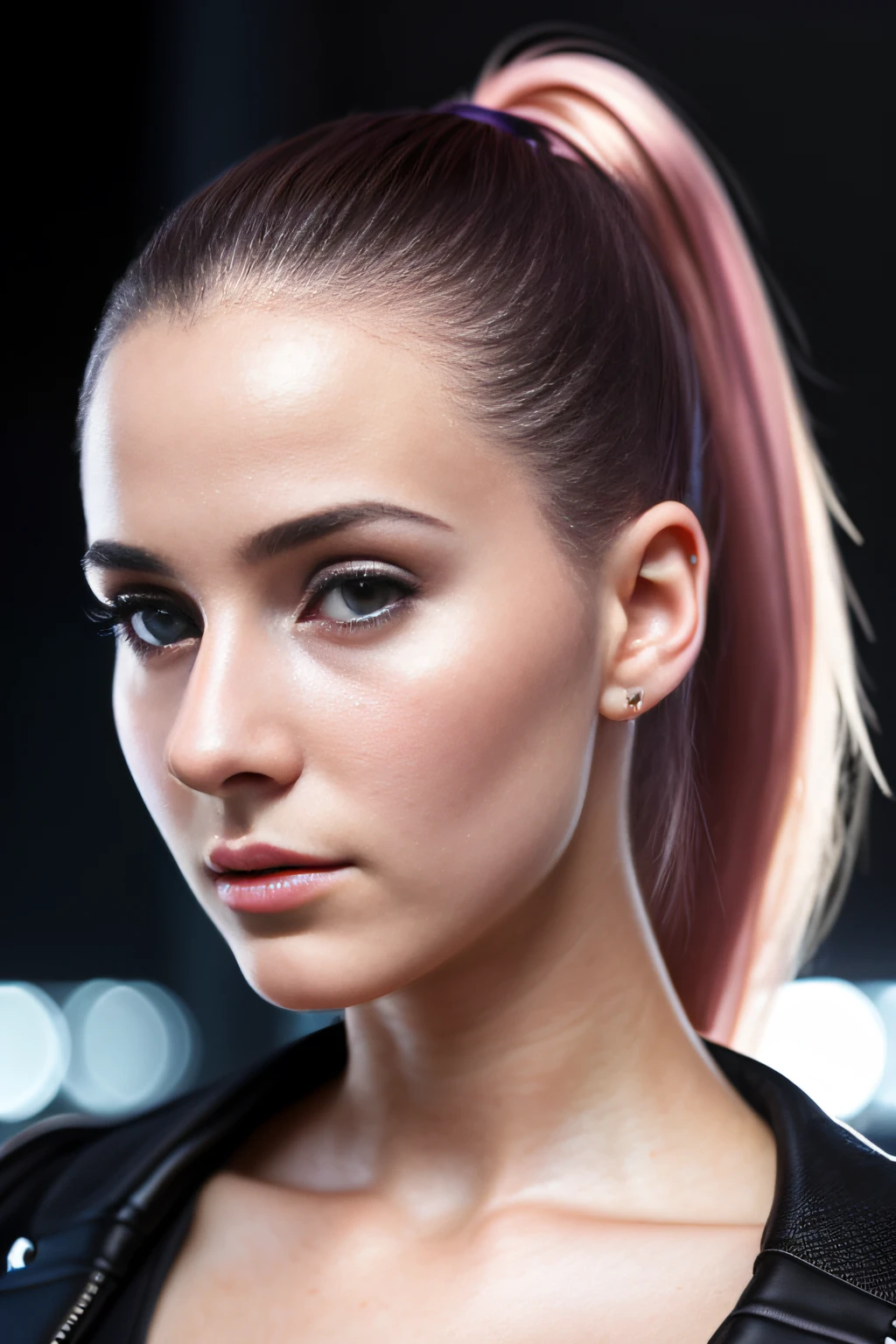 RAW photo of young English woman, color photograph, close-up, ((a realistic photo of a beautiful young 18yo girl)), (Cyber_Girl_V3:0.99), light, ((glowy skin)), looking_at_viewer, (fit body:1.0), high ponytail, detailed illustration, masterpiece, high quality, realistic, very detailed face, cyberpunk, gothic,