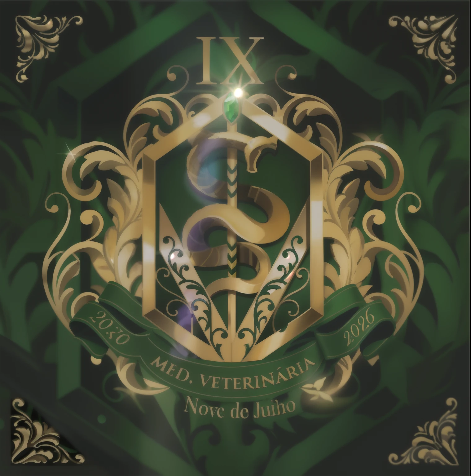 Create a veterinary medicine coat of arms that stands out for its unique and attractive details. Incorporate elements that represent dedication to animal health and welfare, as well as medical expertise. Use como cores verde, gold and white to convey a sense of passion and dedication. Include the symbol that is already in use. Add bay leaves around the coat of arms. No centro, posicionar uma cobra com o corpo enrolado em torno de um cajado, with the letter 'V' formed by Greek beams behind the snake. Em cima do palito, Coloque uma pedra verde esmeralda, brilhante e vivo. Make sure the stick floats vertically. Use um simples, Golden frame around the coat of arms, com as folhas de louro tecidas na moldura.