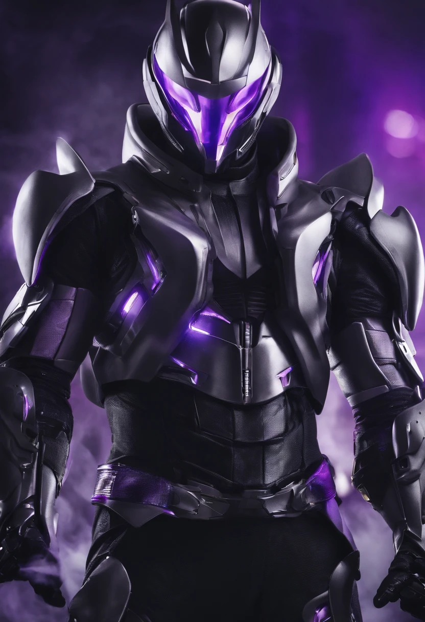 Futuristic male suit in black and gray tones with a thick, hard fabric and a helmet with a purple visor while the rest is all black. The suit has details with purple lines as if they were lightning bolts.