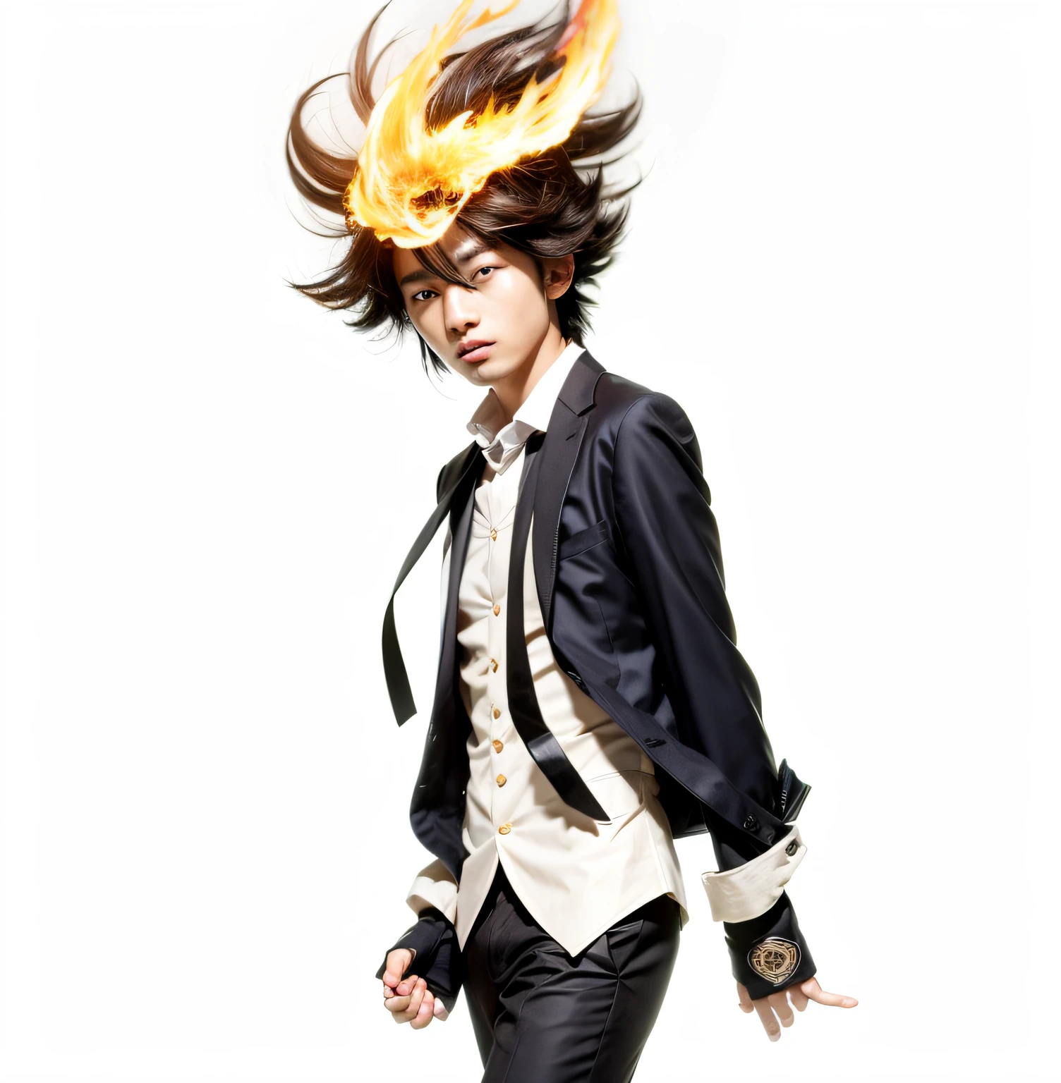 a young Japanese man wearing a suit with brown hair and fire over his head, ultra realistic, high quality, detailed face