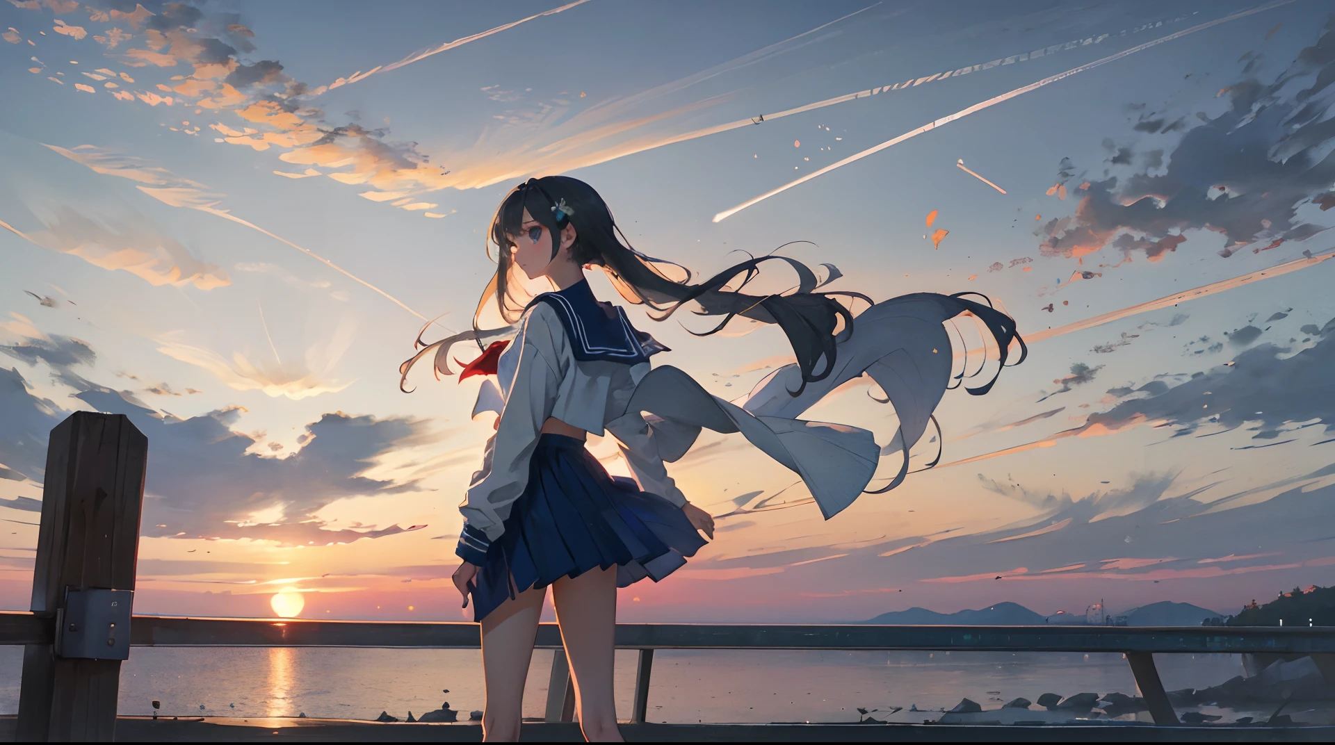 a sailor suit、End of summer、Sunset、evening glow、semi long hair、bare-legged、14 year old beautiful girl、独奏、Contre-Jour、contrail