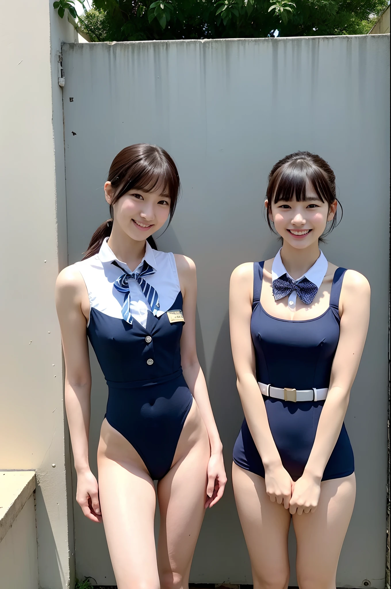2 girls standing in school yard,navy blue one-piece swimsuit with white collar with button and bow tie,18-year-old,bangs,a little smiles,thighs,knees,short cut hair,low poneytail,from below