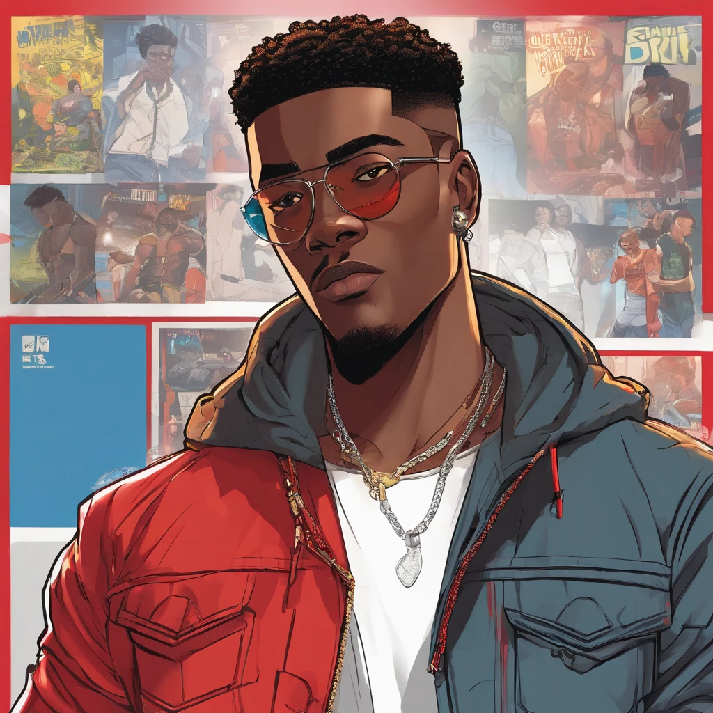 realistic style, masterpiece, best quality, 8k, artstation, sharp focus, ultrarealistic, high details, black skinned adult male, late 20s, street thug, A black ager, character, very tall, muscular, with short hair, brown eyes, solo, 1boy, he has a burn mark in the left side of his face. He is wearing a white tank top and unzipped jacket, his leg wear consists of blue jeans, dark sneakers and a silver necklace.(((black:1.5, red:1.1, white:1.3)))
