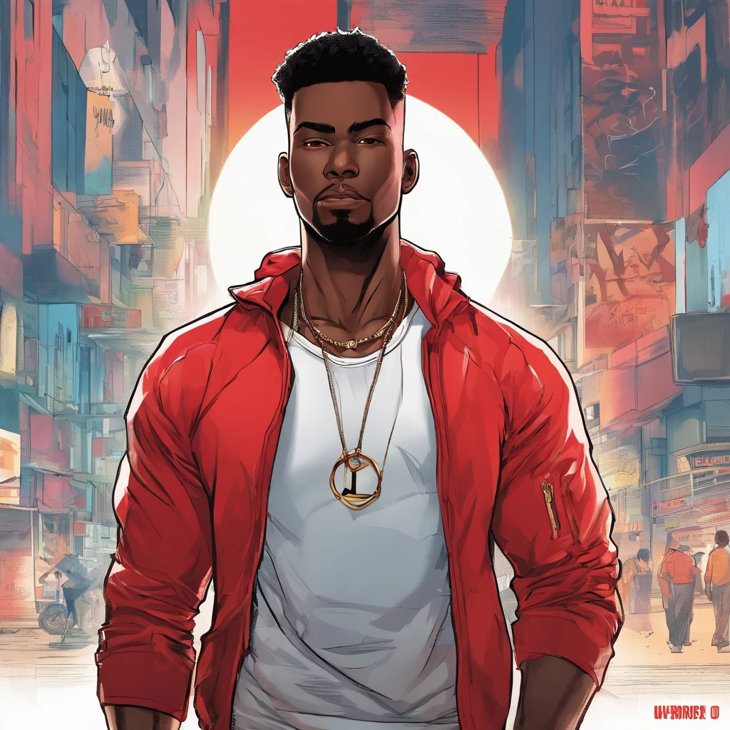 realistic style, masterpiece, best quality, 8k, artstation, sharp focus, ultrarealistic, high details, black skinned adult male, late 20s, street thug, A black teenager, character, very tall, muscular, with short hair, brown eyes, solo, 1boy, he has a burn mark in the left side of his face. He is wearing a white tank top and unzipped jacket, his leg wear consists of blue jeans, dark sneakers and a silver necklace.(((black:1.5, red:1.1, white:1.3)))