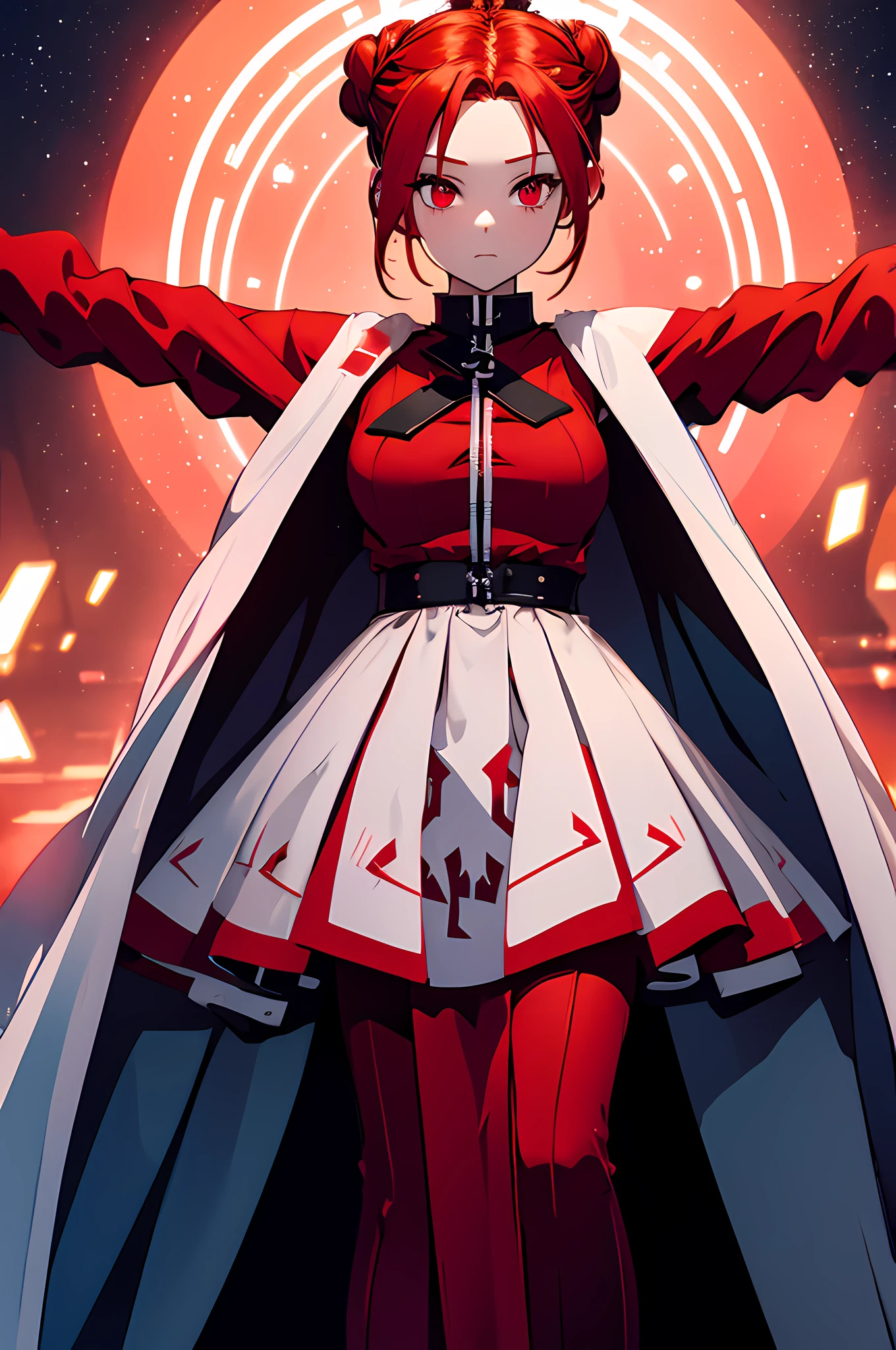 a girl, red hair with braided buns, white glowing eyes, a red mystical magical dress, T pose