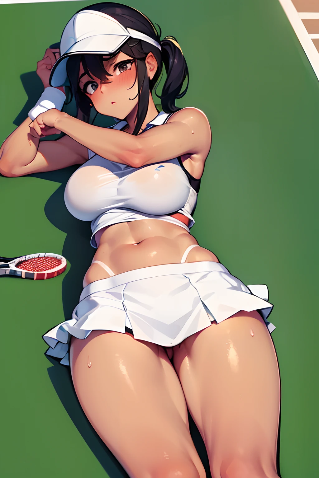 (Tennis Uniforms:1.3)  sweating, sweaty, tan, big boobs, tan skin, flustered, blush, black hair, tenis wear, tenis cap, doing tennis, big boobs older girl, sfw, lying, lying down, taking a break, tired, lying on ground