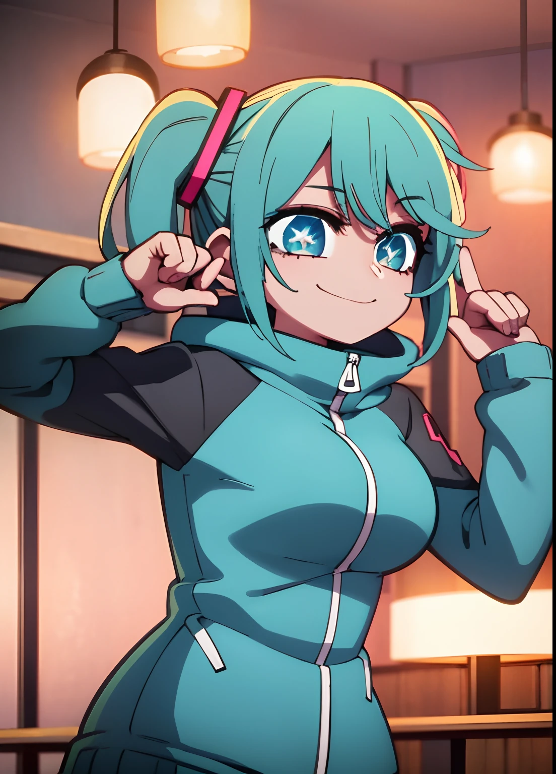 1girl,smile,cowboy shot, Wear a jacket,Big breasts Hatsune Miku,city neon light,looking at the stars