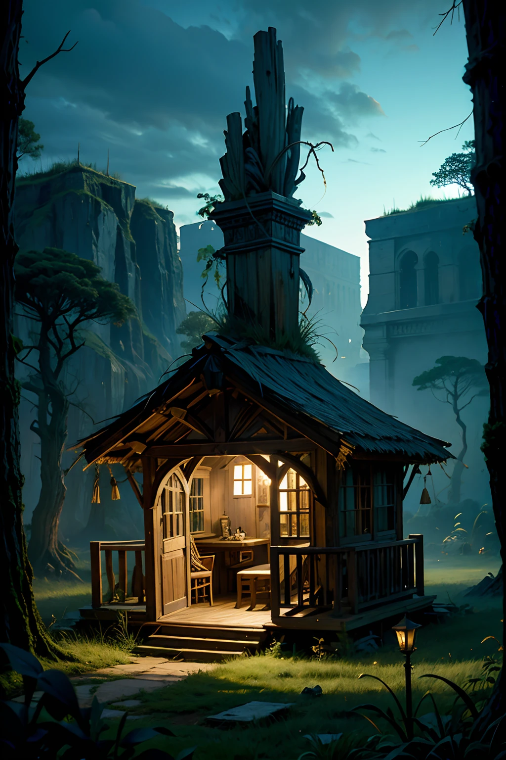 A room that belongs to a voodoo trickster, grass hut, mood is fickle, repressed, stupid, nebulous, ominous, inhibition, naught, thwarting, omitting.