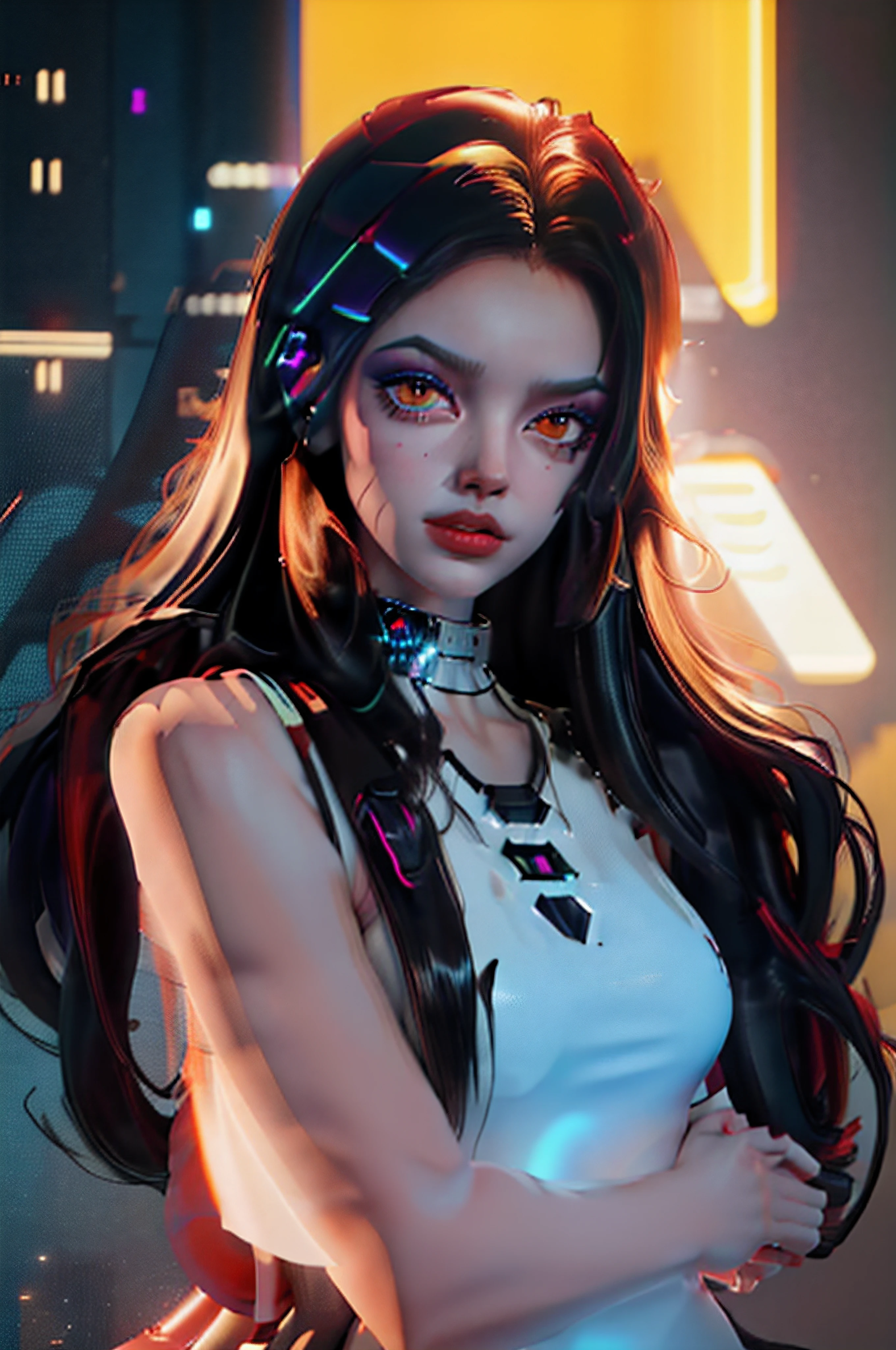 Futuristic Teenage Girl Android with Long black Hair and red Eyes – Wearing a black Linen dress – Posing Against a Neon Cityscape Background – Hyper-Realistic 4k Digital Art volumetic lighting Light Makeup – Posing in shadow – Soft Lens, Photorealistic Portrait