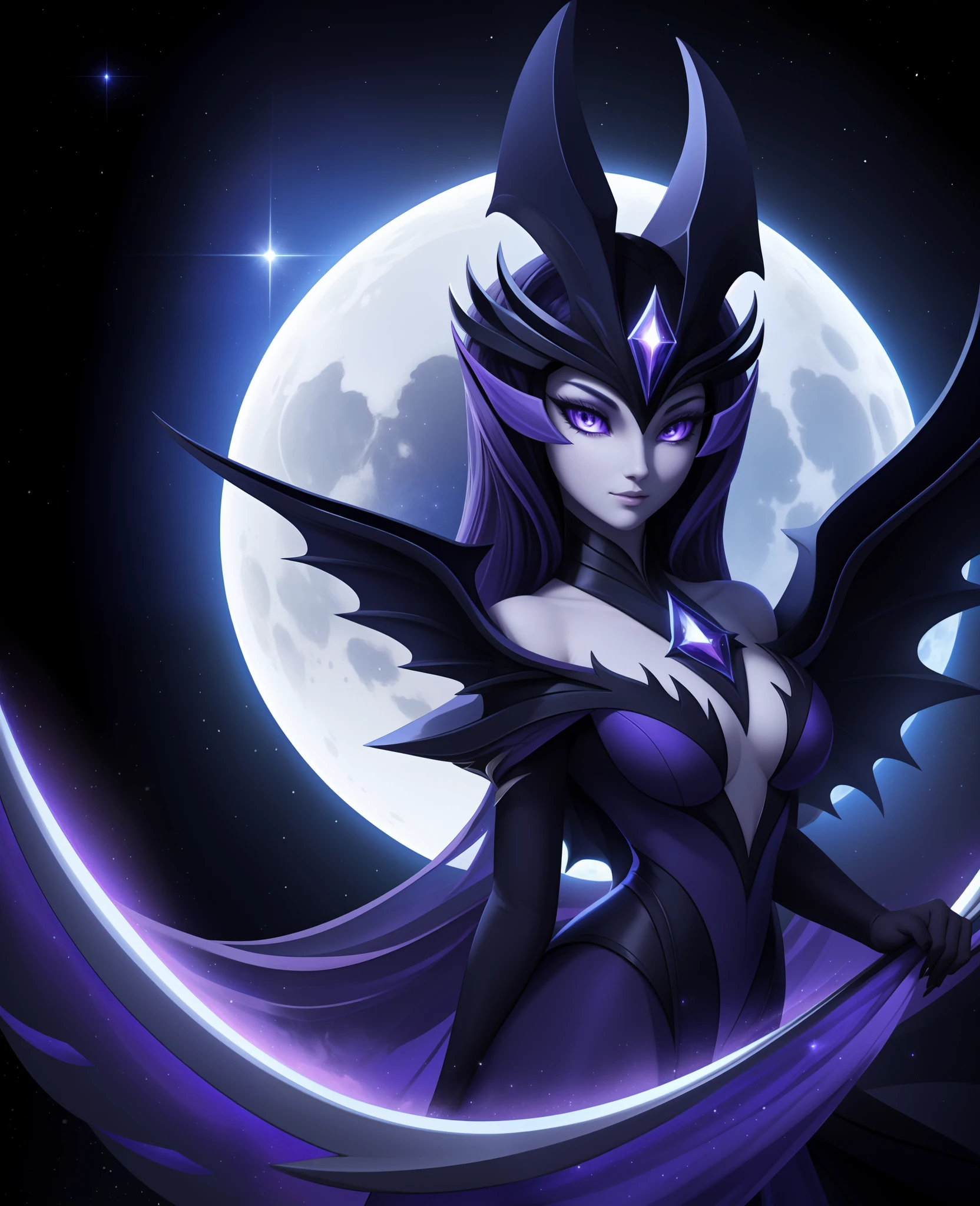"Lunala, misterioso, Luz de la luna, elegante, Dark purple aura, cielo nocturno, Estrellas brillantes, Ethereal Beauty, Silueta elegante, Alas lunares, Mystical energy, murcielago