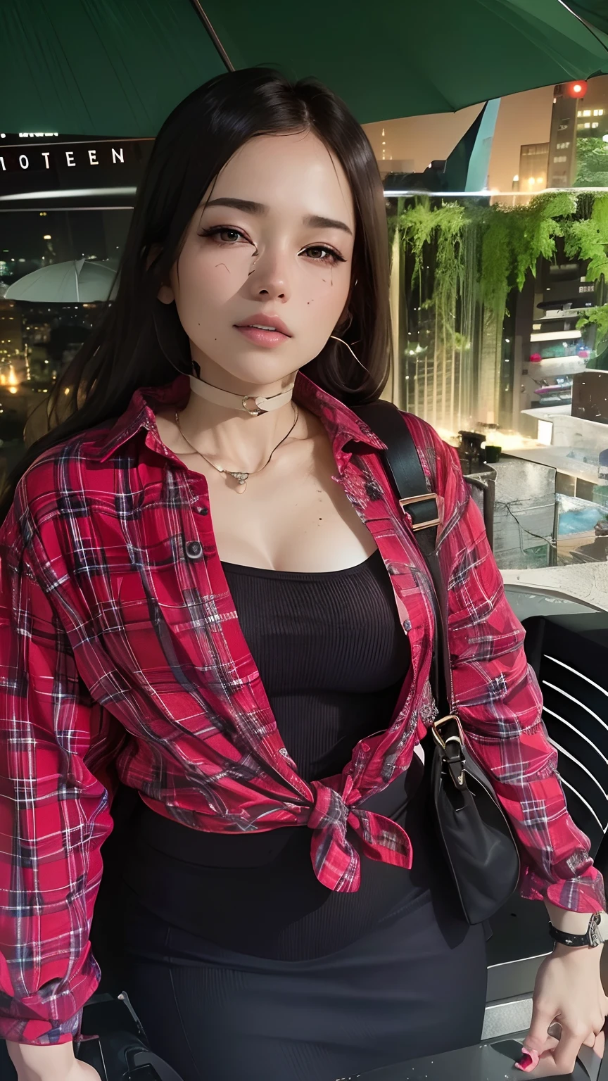 ((Midnight, Best quality, 8k, Masterpiece :1.3)), Whole body, Long legs, Sharp focus :1.2, A pretty woman with perfect figure :1.4, Slender abs :1.1, ((Dark brown hair, Big breasts :1.2)), (White tight tshirt, Jean bib, Standing:1.2), ((Night city view, Rooftop:1.3)), Highly detailed face and skin texture, Detailed eyes, Double eyelid