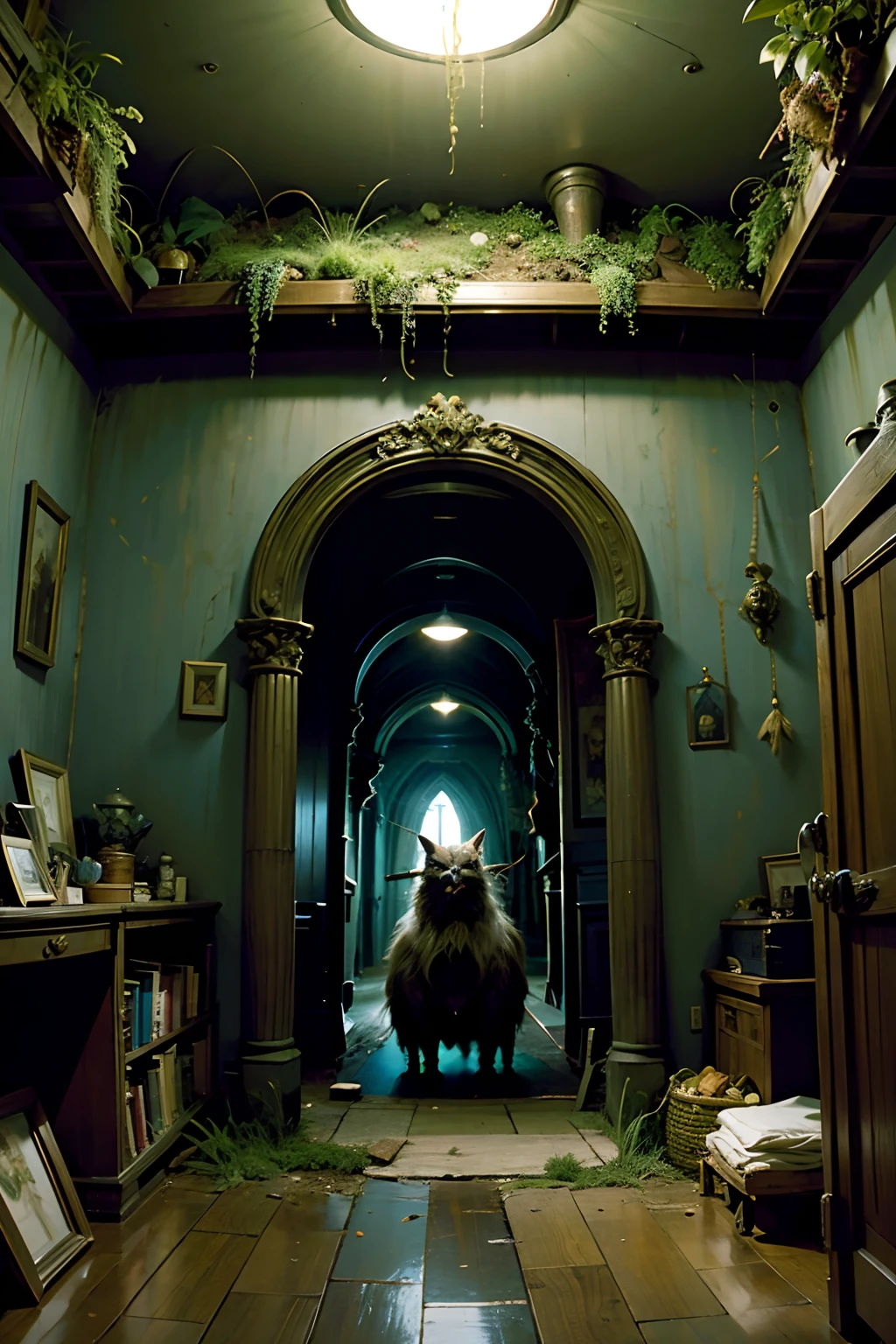A room that belongs to a voodoo trickster, grass hut, mood is fickle, repressed, stupid, nebulous, ominous, inhibition, naught, thwarting, omitting.